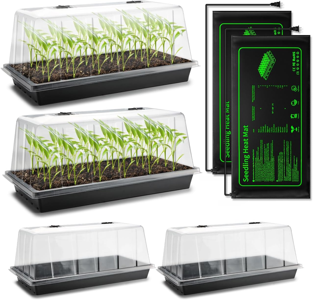 4-Pack 1020 Seed Starter Trays with 7.3'' Humidity Domes & 2-Pack Heat Mats – Heavy-Duty Seedling Trays with Adjustable Domes & Waterproof Heating Mats for Optimal Germination & Cloning Propagation