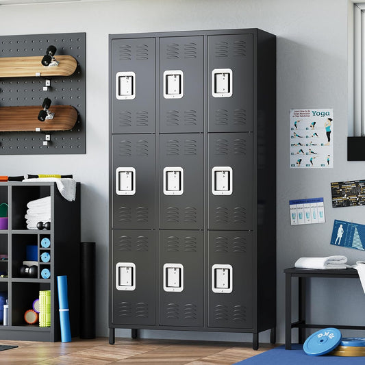 72" Metal Lockers for Employees with 9 Door, Black Metal Storage Cabinet with 27 Hooks, Industrial Locker, Assembly Required, for Gym, School, Classroom, Home, Office, Industrial