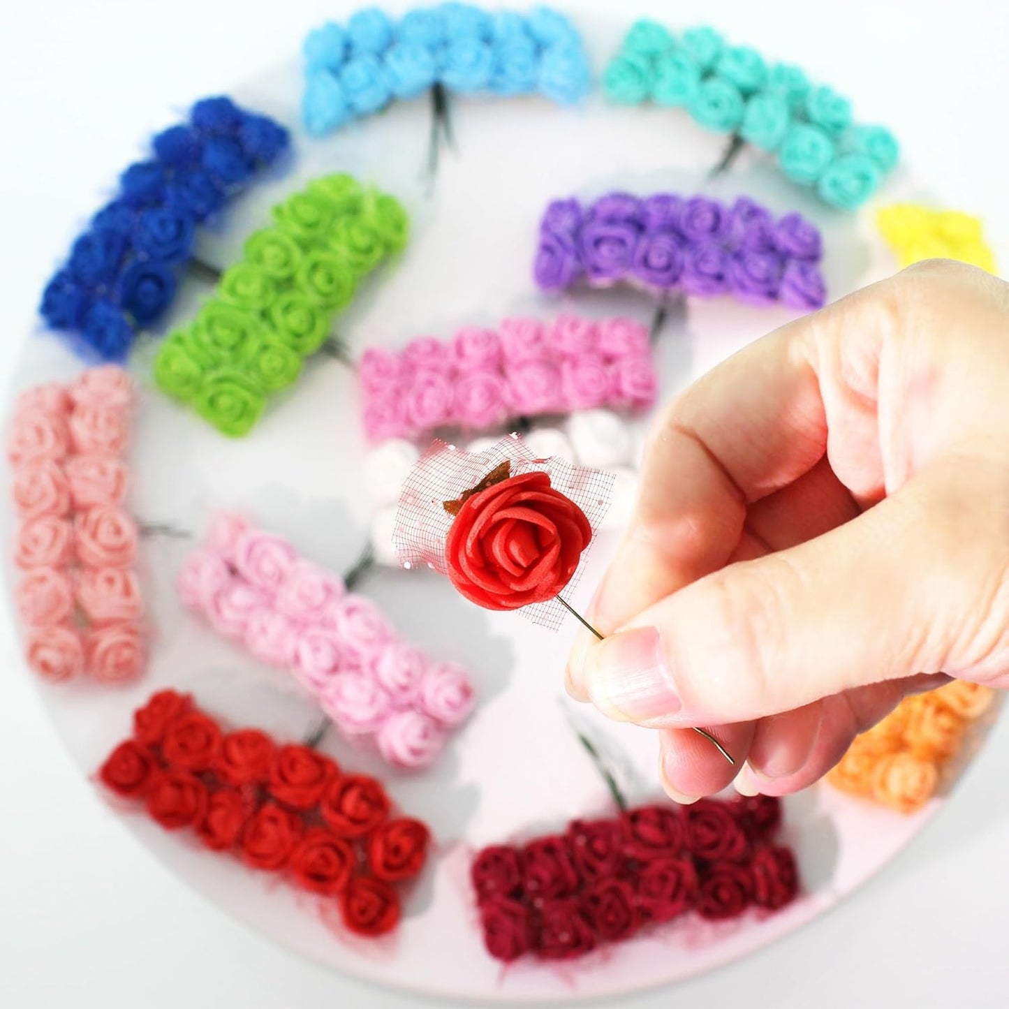 500 Pcs 0.6 Inch Mini Artificial Flowers Head Bulk 5 in 1 Set Faux Foam Fake Small Rose Tiny Baby Flores Bouquet Wreath Gift Hair Clip Home Decoration DIY Craft (Teal Green)