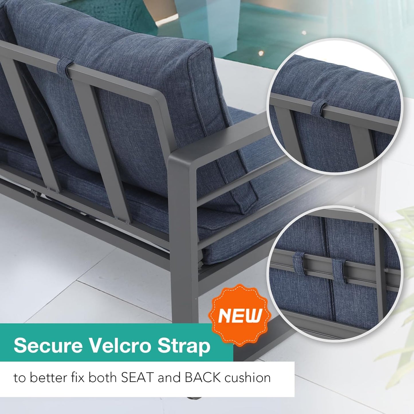 Patiorama Aluminum Patio Furniture Set, Outdoor Patio 3-Seater Sofa, 3 Seats Couch, All Weather Dark Grey Metal Chair with Olefin Cushion, Deep Seating, 800 lbs Capacity, Deck, Garden-Blue Cushion