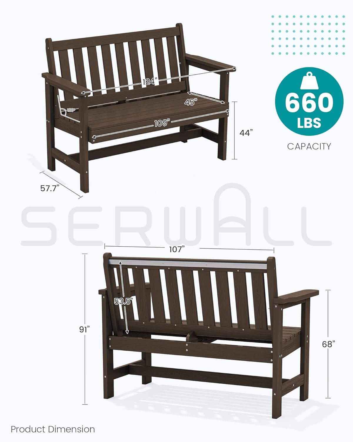 SERWALL Outdoor Bench, HDPE Outdoor Benches Weatherproof, 2-Person Garden Bench with 660 lbs Weight Capacity, Patio Benches for Outdoors, Garden, Porch, Backyard and Park, Coffee, 6 Pack