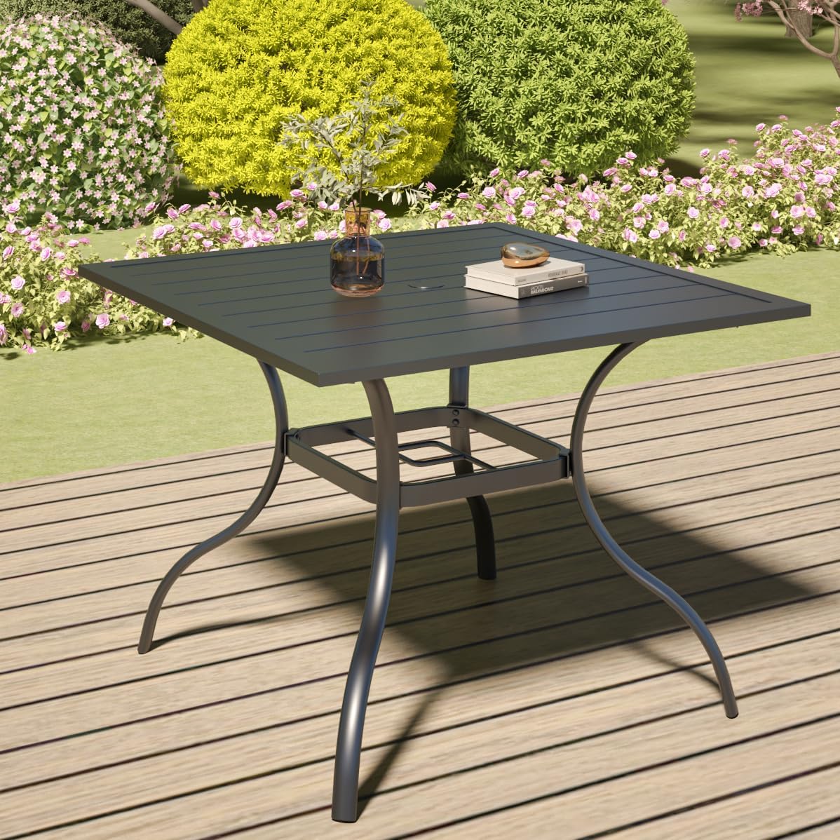 Anumutig 5-Piece Outdoor Dining Set, 35 Inch Square Patio Table with 4 Stackable Patio Chairs, All Weather Frame Furniture Set - Navy