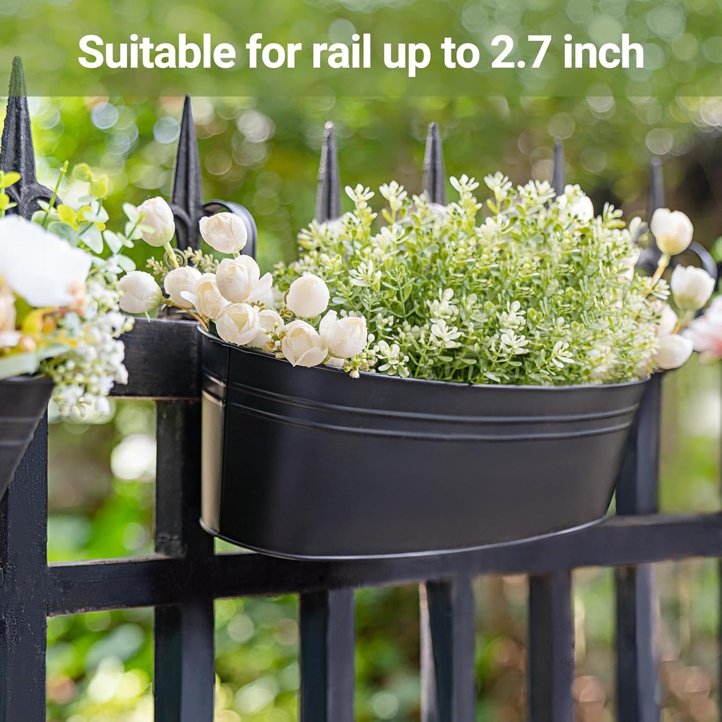 Dahey 5 Pcs Metal Iron Hanging Flower Pots for Railing Fence 15.7 Inch Hanging Bucket Pots Countryside Style Window Flower Plant Holder with Detachable Hooks for Garden Yard Home Decor, Black