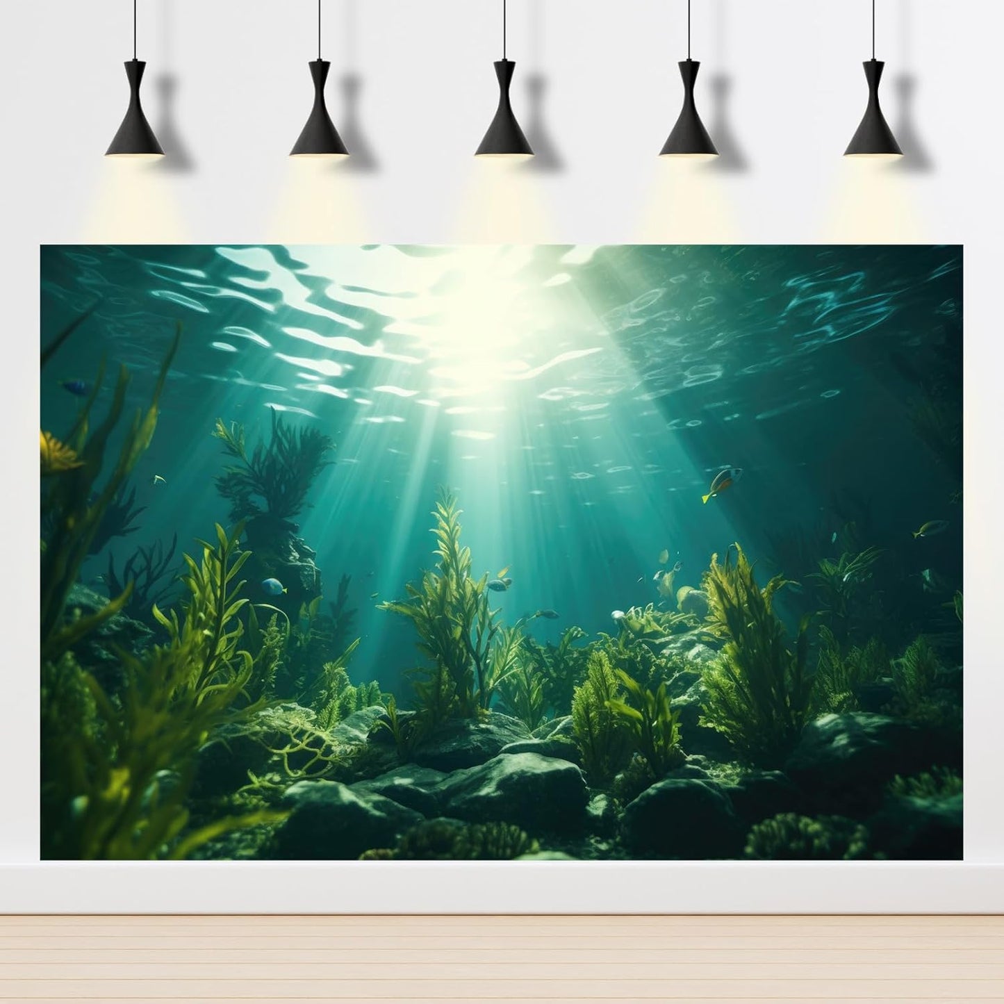 Ocean Aquarium Background Aquatic Plants with Rocks Terrarium Backdrop Sunlight Rays Deep Sea Fish Tank Background Aquarium Wallpaper Poster Decor Vinyl 48x18in