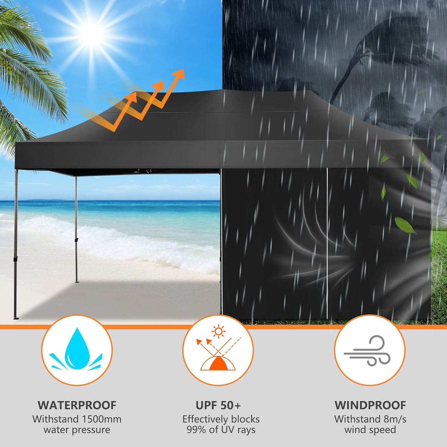 COBIZI 10x20 Pop up Canopy Tent Heavy Duty with 6 Sidewalls, Easy Set-up Commercial Outdoor Party Tent, 100% Waterproof Wedding Tent Gazebo, 3 Height Adjustable with Wheeled Bag, Black