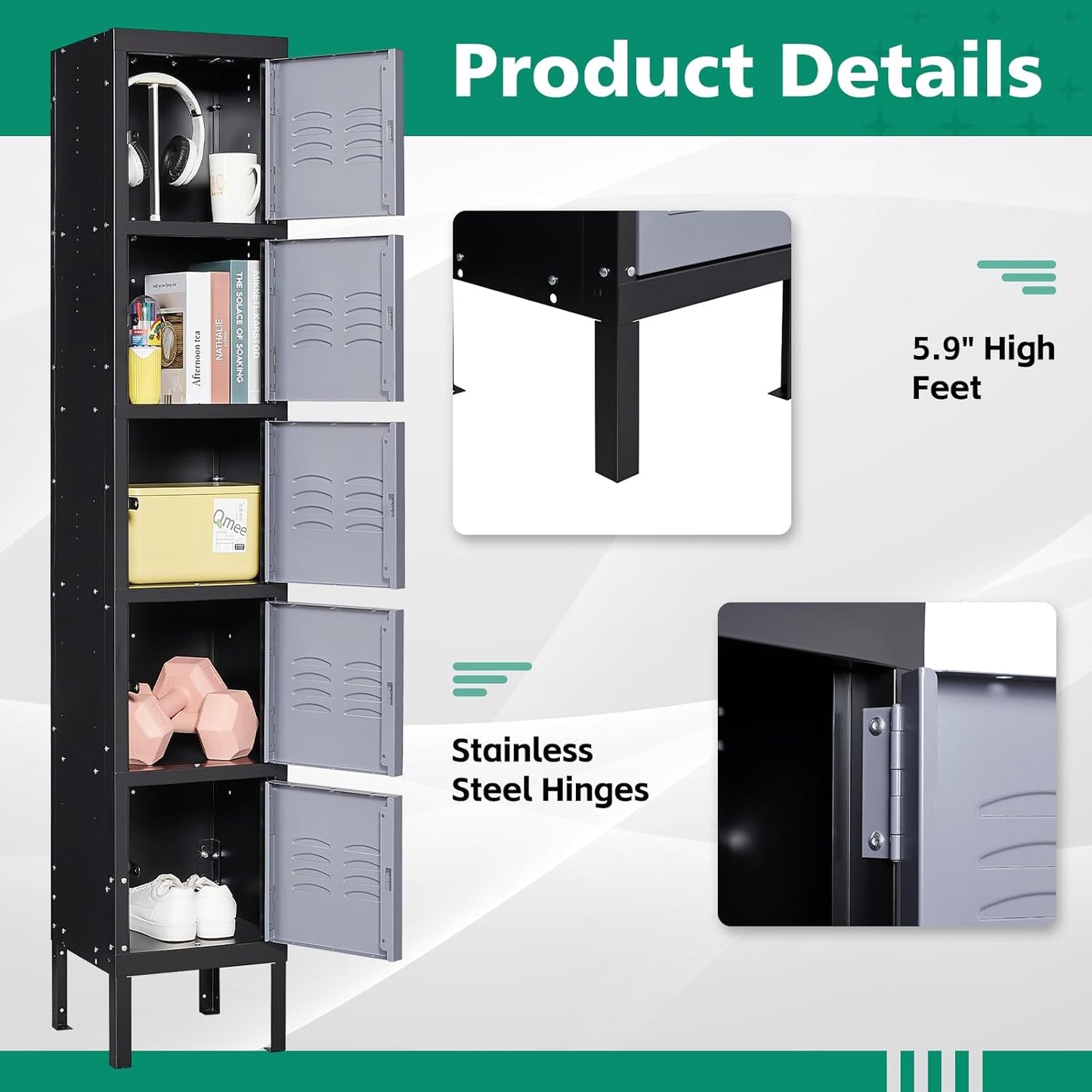 Letaya Metal Locker for Employees,5 Tiered Lockable Storage Organizer Steel Wall Lockers for Work,School,Gym,Home,Office,Staff,Kid Room (5 Door-Black Gray)