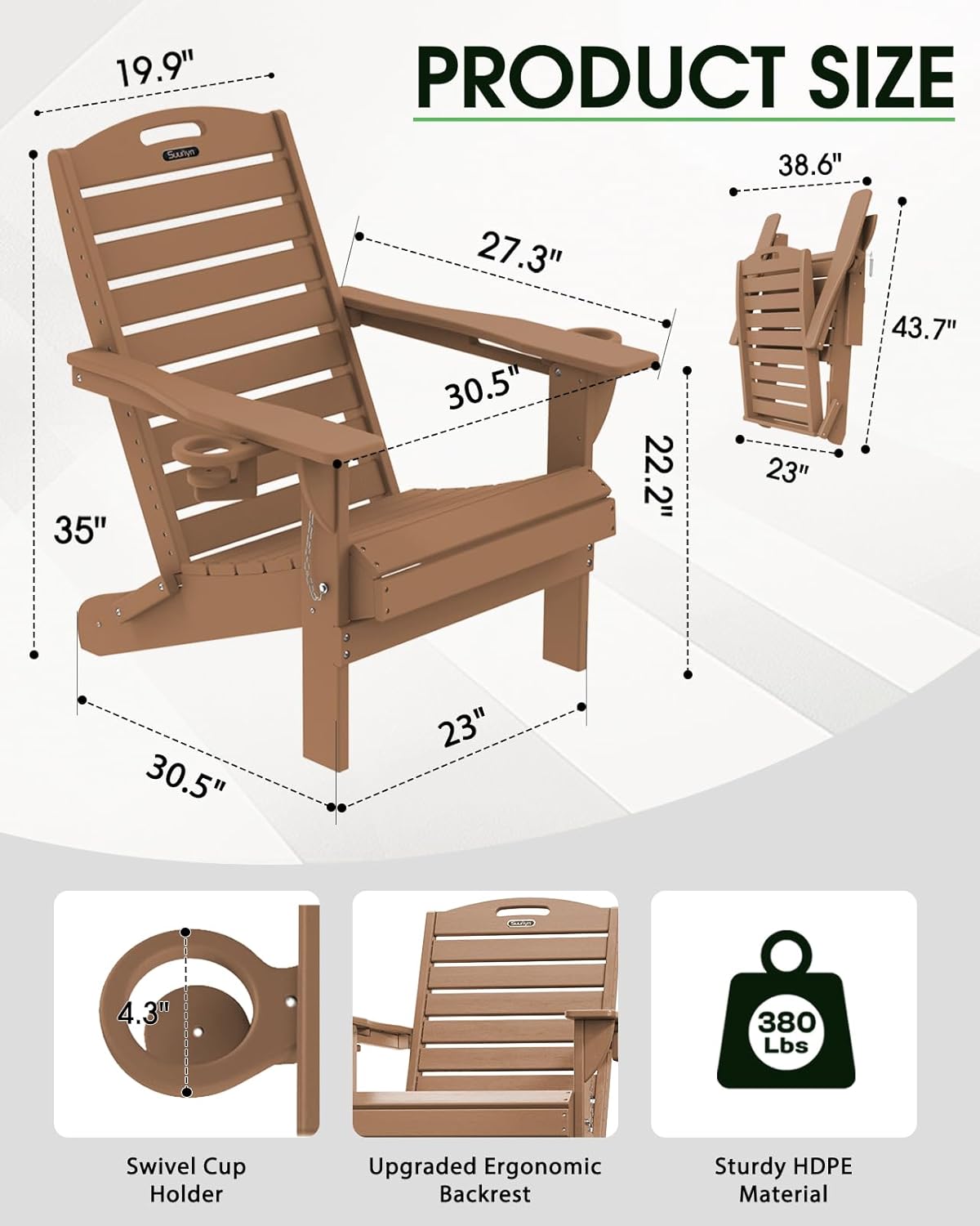 Adirondack Chairs Set of 6, Outdoor Fire Pit Chairs, HDPE All-Weather Adirondack Chairs with Cup Holder, Lawn Chair for Deck, Patio, Garden (Teak)