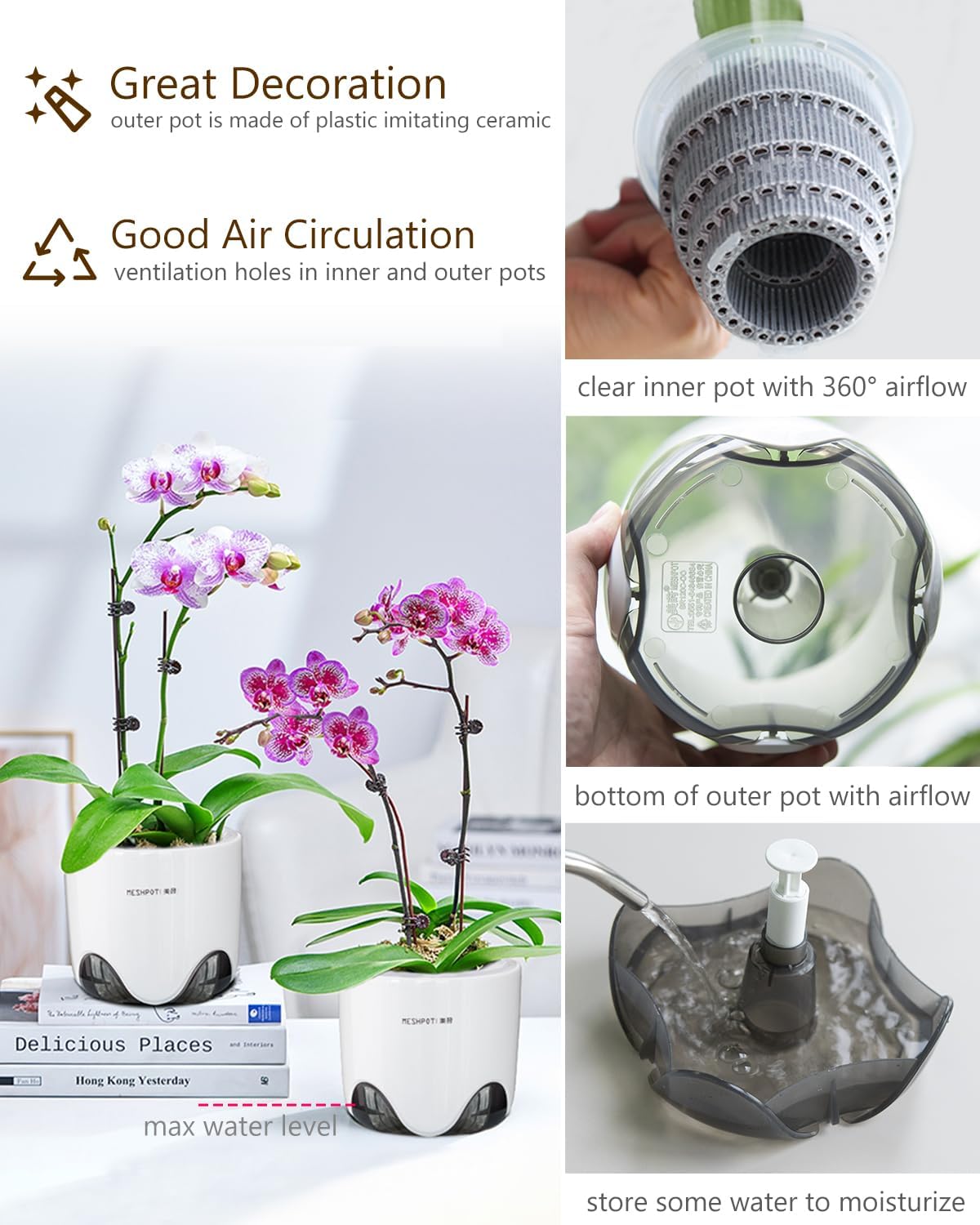 5 inch Orchid Pots with Holes for Repotting with Excellent Airflow, Set of 3, Double Layer Plastic Imitate Ceramic Orchid Planter, Clear Orchid Pot Match Decorative Orchid Container