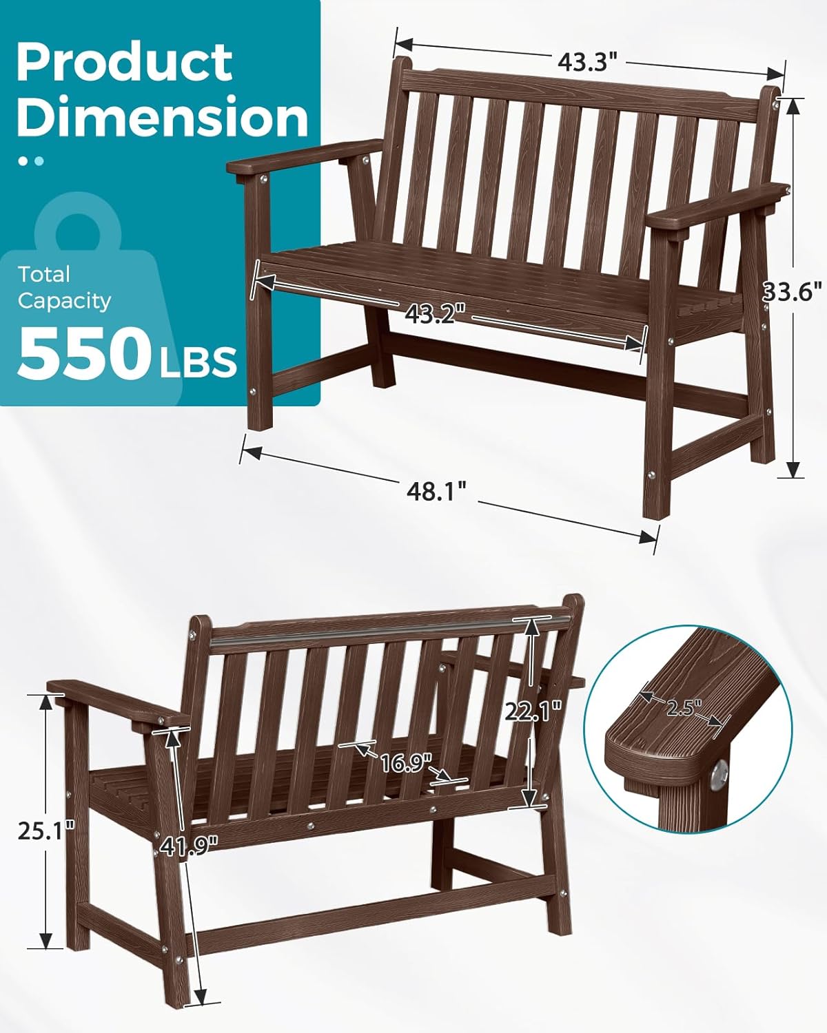 Outdoor Bench, 2-Person HDPE Garden Bench, All Weather Poly Patio Bench for Outdoors, Garden, Backyard, Porch and Park, 550 lbs Weight Capacity, Brown, 2 Pack