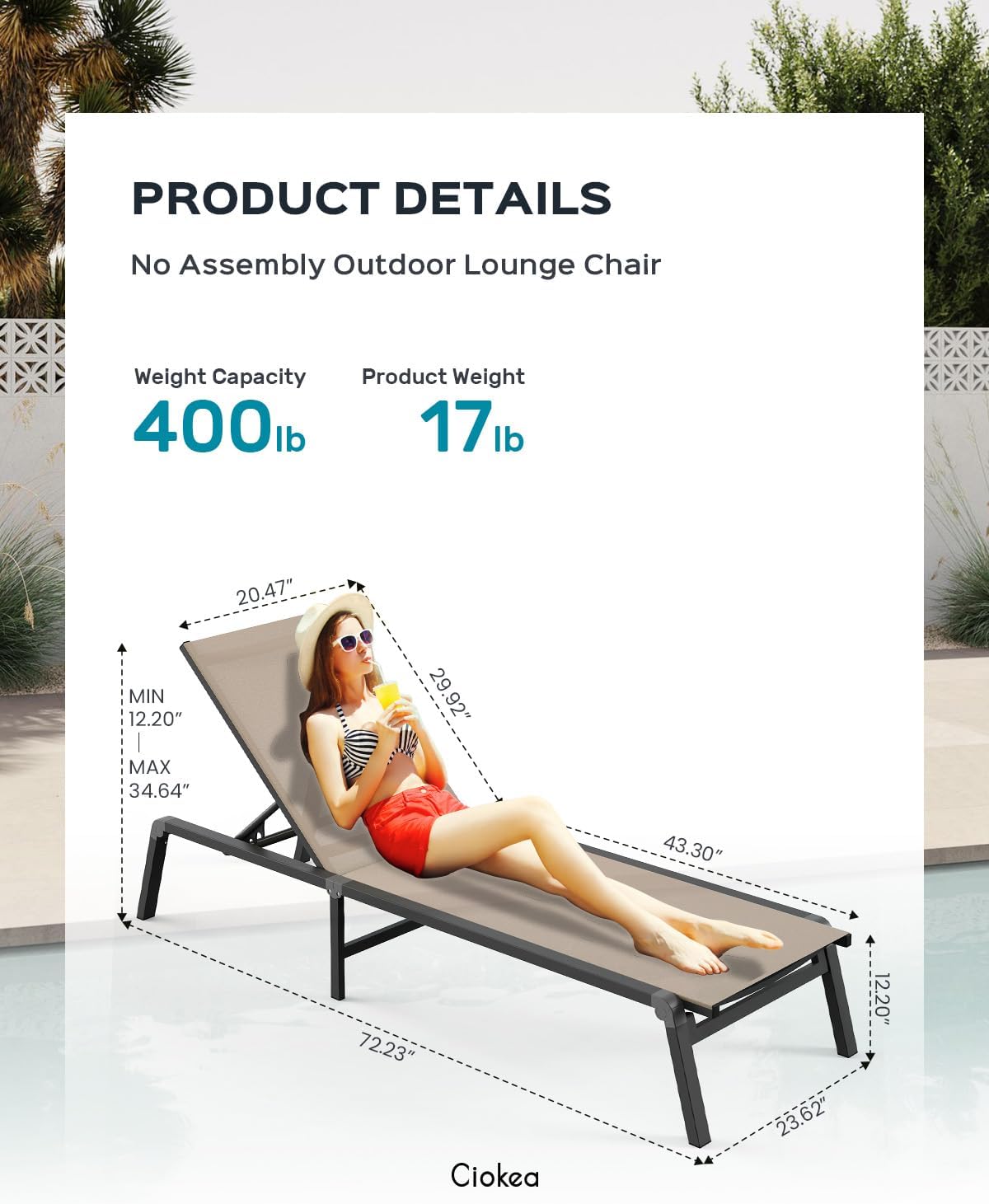 Patio Chaise Lounge Chair, Foldable Lounge Chair for Outside, Aluminum Chairs Set of 2 with 5 Adjustable Backrest, Outdoor Pool Lounger for Poolside, Lawn, Deck, Khaki