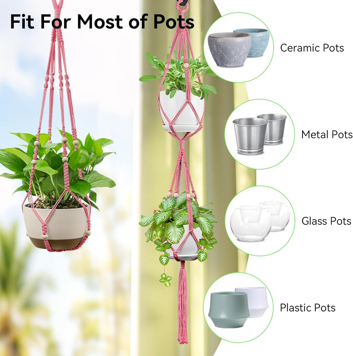 USLAI Macrame Plant Hanger Indoor Outdoor, Up to 4-15 inch Pot, Heavy 20lb Planters, Extra Long Strong Hanging Planter Basket Holder, Boho Home Decor, 35+49 Inch, Yellow (POTS NOT Included)
