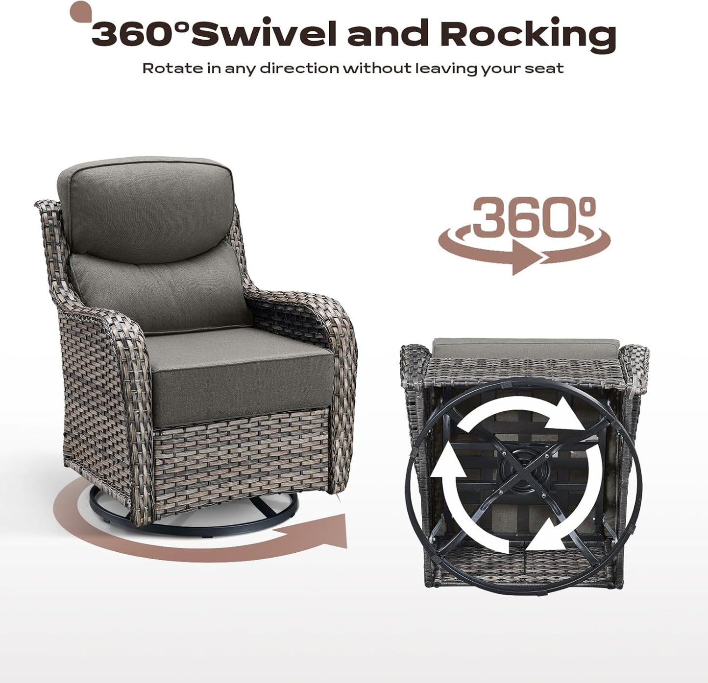 Wicker Outdoor Patio Furniture Set - 8 Piece Patio Conversation Sets with Swivel Rocker Chairs, Ottomans, Sofa and Table, 6 inch Cushions, Deep Seating, for Porch Deck Mixed Grey/Grey