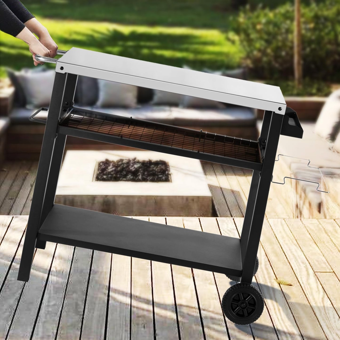 Grill Cart Table with Three Shelf, Movable Outdoor Dining Cart Pizza Oven Stand with Three Hooks, Kitchen Cart Island Multifunction Food Prep Table (Sliver)