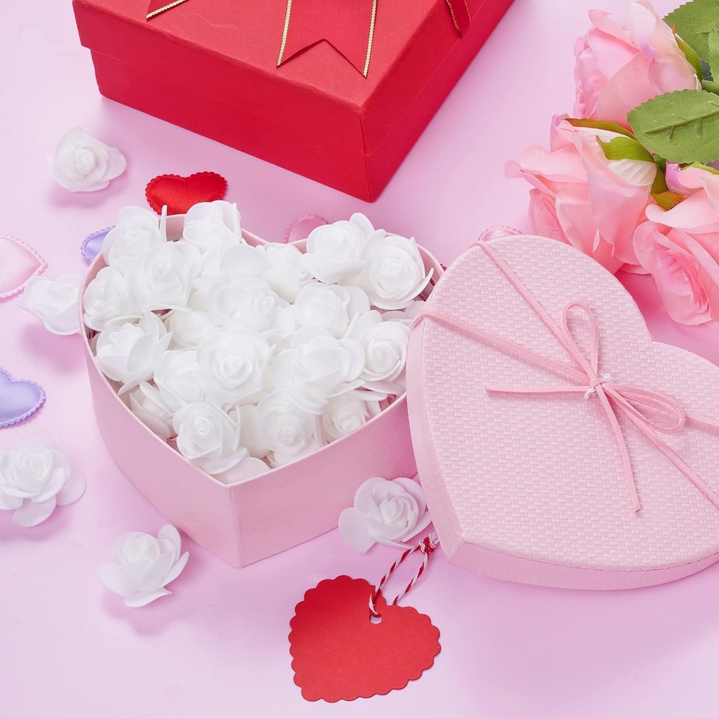Mini Fake Rose Flower Heads 144pcs Mini Artificial Foam Roses DIY Wedding Flowers Accessories Make Bridal Hair Clips Headbands Dress (Bottom add Gauze) for Valentines Day,Wedding,Bridal Shower (White)