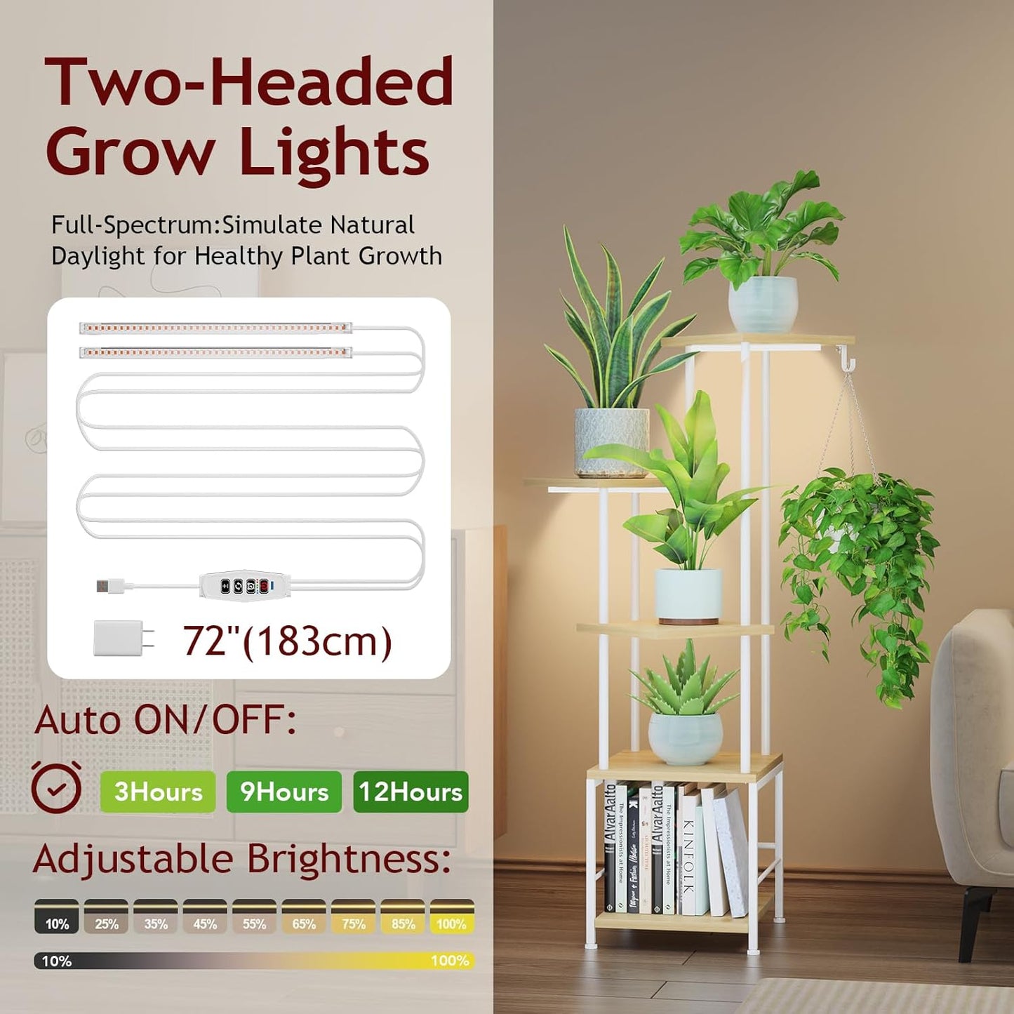Plant Stand Indoor with Grow Light, 5-Tiered Tall Plant Stand Indoor, Metal Plant Shelf with Hanging Basket Hook and Adjustable Light, Ideal for Living Room, Garden, Patio (Maple)