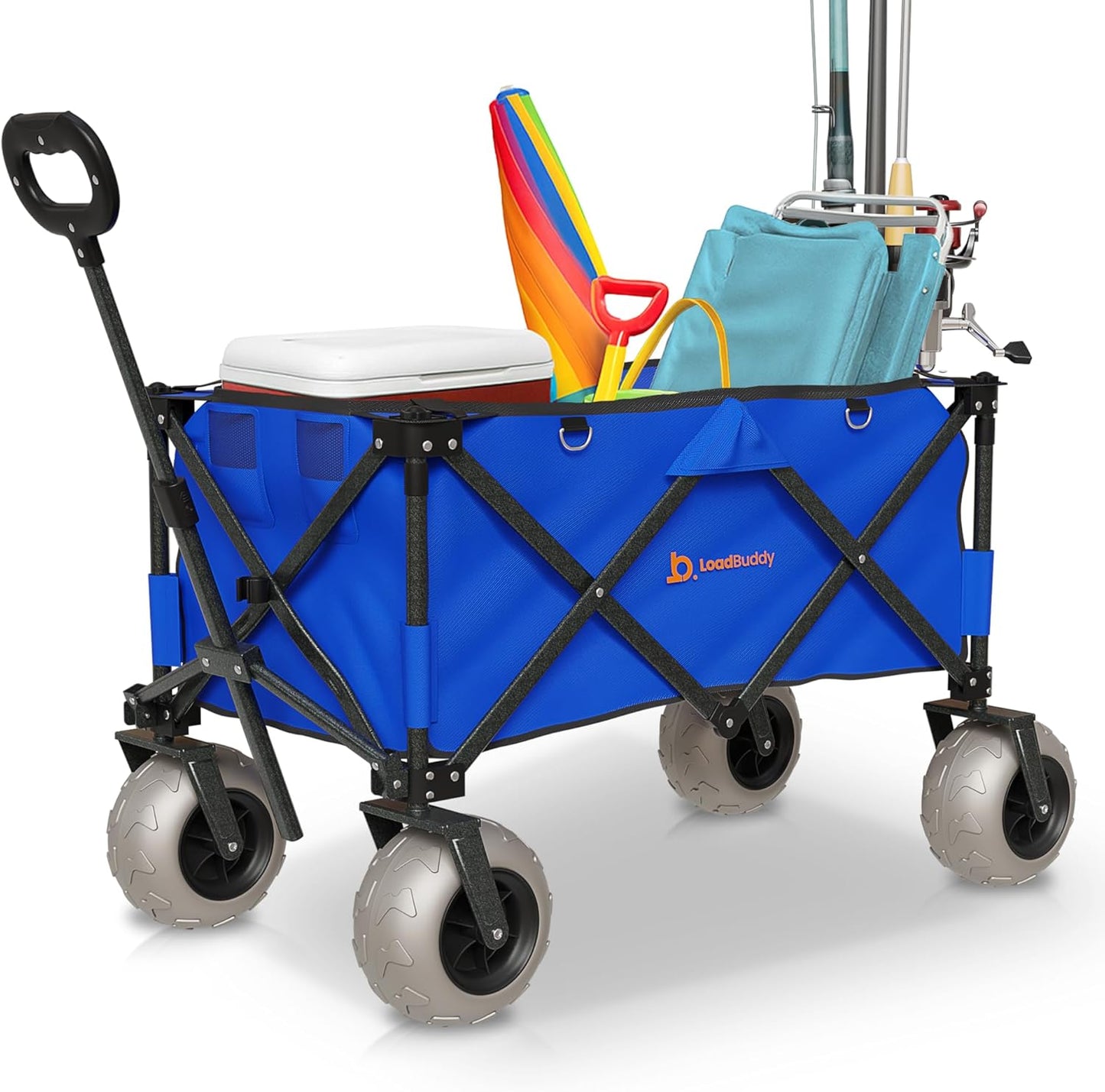 Beach Wagon with 9" Balloon Wheels & Fishing Rod Holders – Foldable Cart for Sand with Inflatable Tires, Bonus Pump & Spare – Heavy Duty Utility Wagon - Blue/Blue