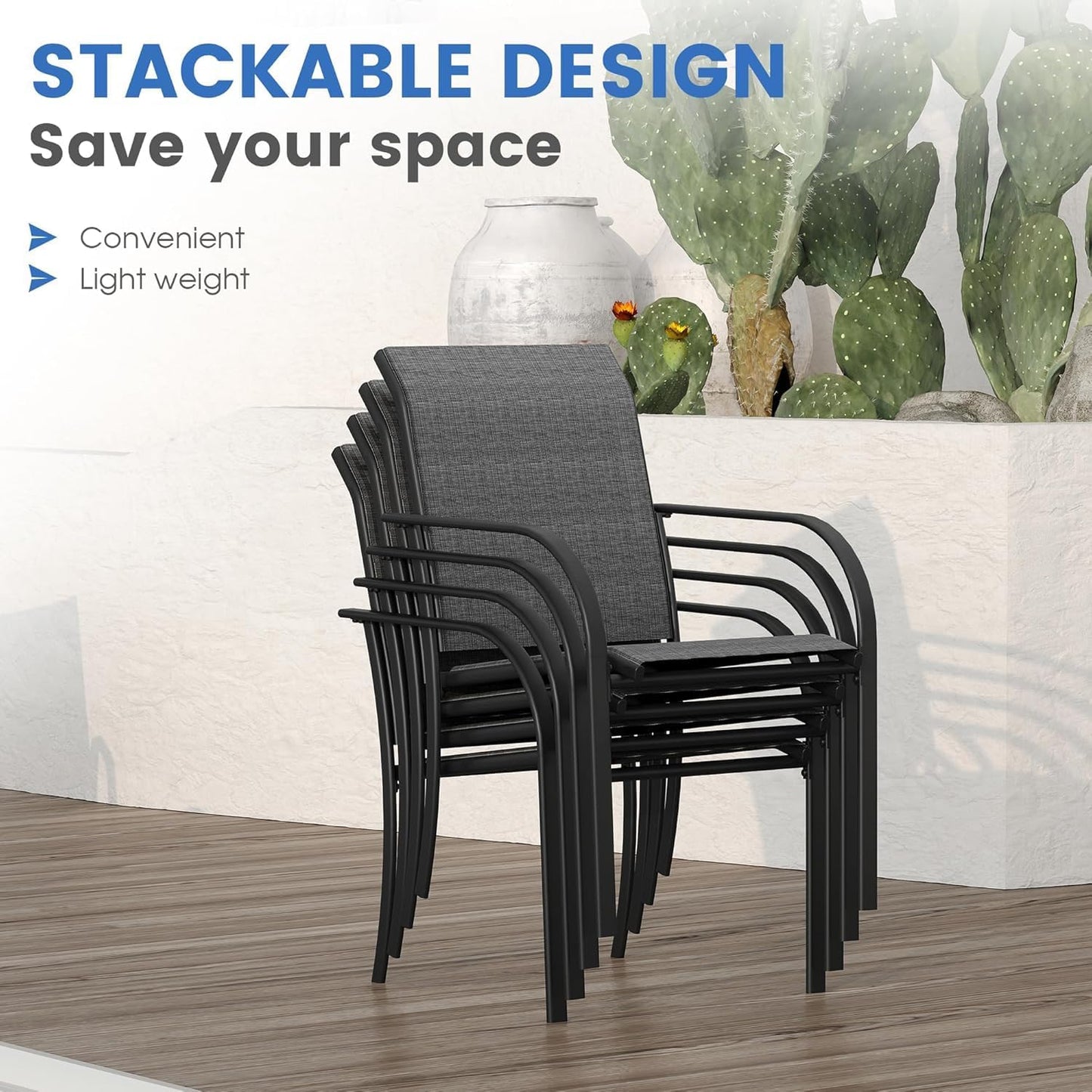 VICLLAX Patio Dining Set for 8, 9 Pieces Outdoor Furniture Set Includes 56.3" Round Patio Table and 8 Patio Stackable Chairs, Outdoor Table and Chairs for Outsides, Black Tabletop and Dark Grey Fabric