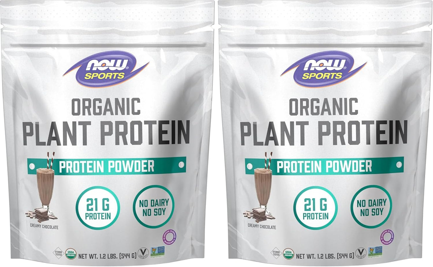 NOW Foods Sports Organic Plant Protein, Chocolate Flavor, Vegan Powder, 1 lb. (Pack of 2)