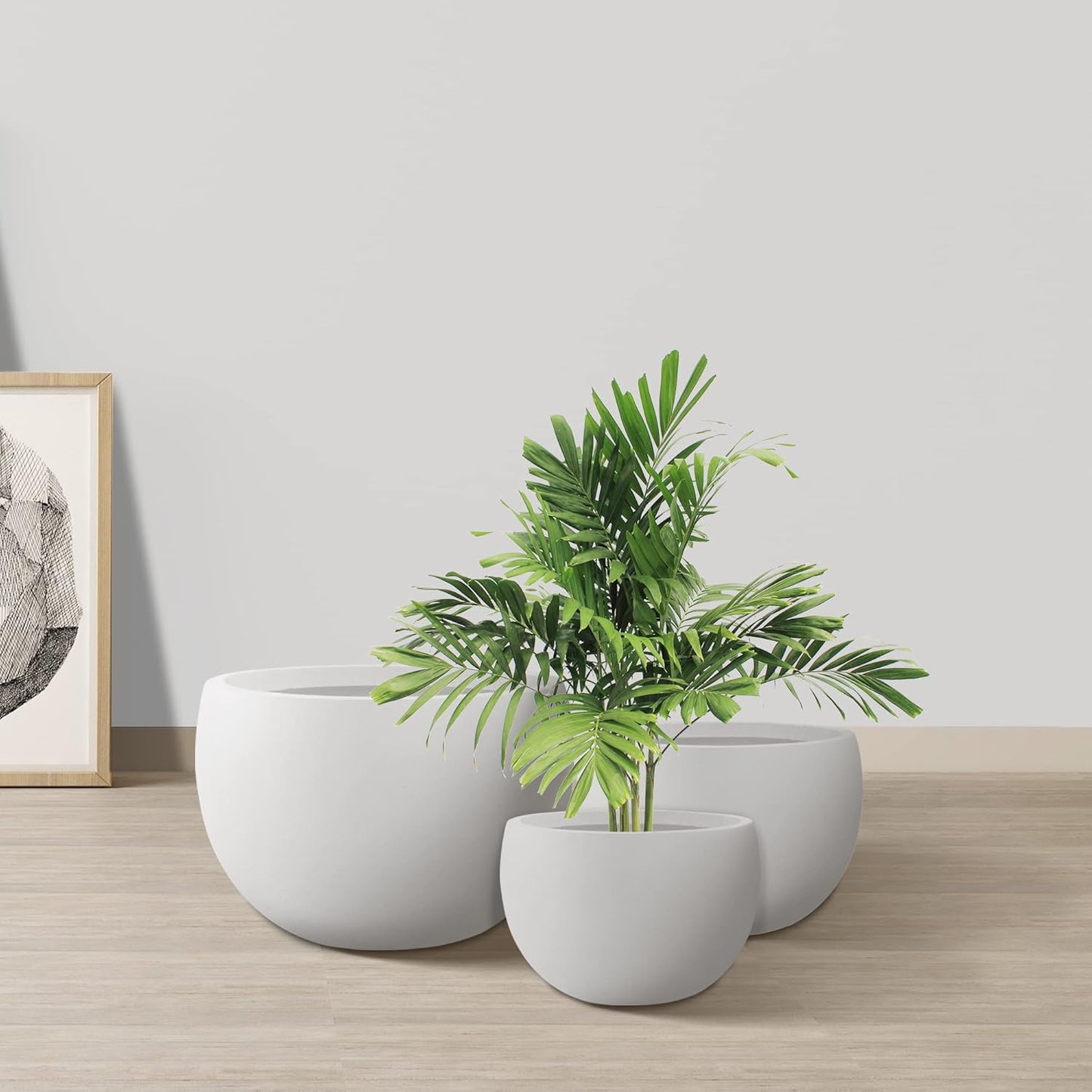 Kante 19.9",15.7",11.8" Dia Round Concrete Planter Set of 3, Outdoor/Indoor Large Bowl Plant Pots with Drainage Hole and Rubber Plug for Garden Patio Balcony Home, Pure White