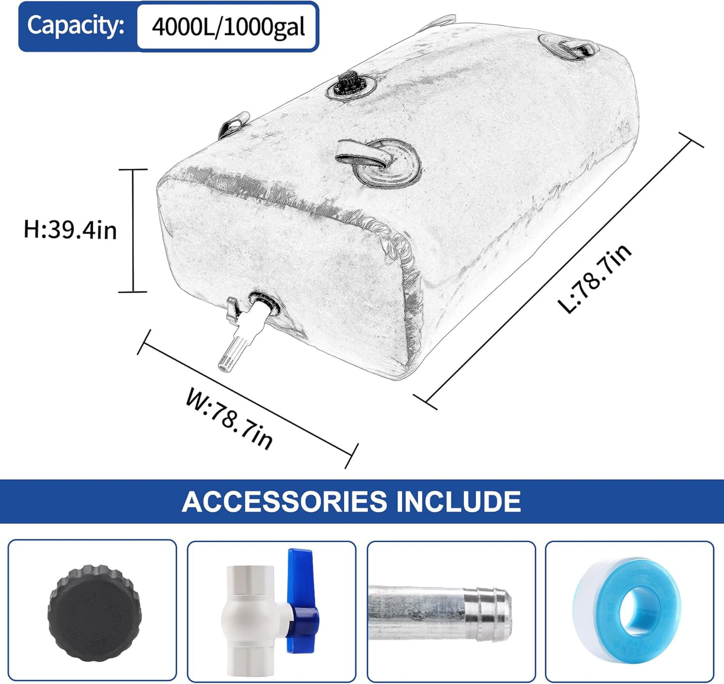4000 L/1000 Gal Water Bladder Tank, Foldable Portable Water Storage Container, Emergency Water Bag for RV, Truck Bed, Fire Prevention, Drought Resistance, Blue