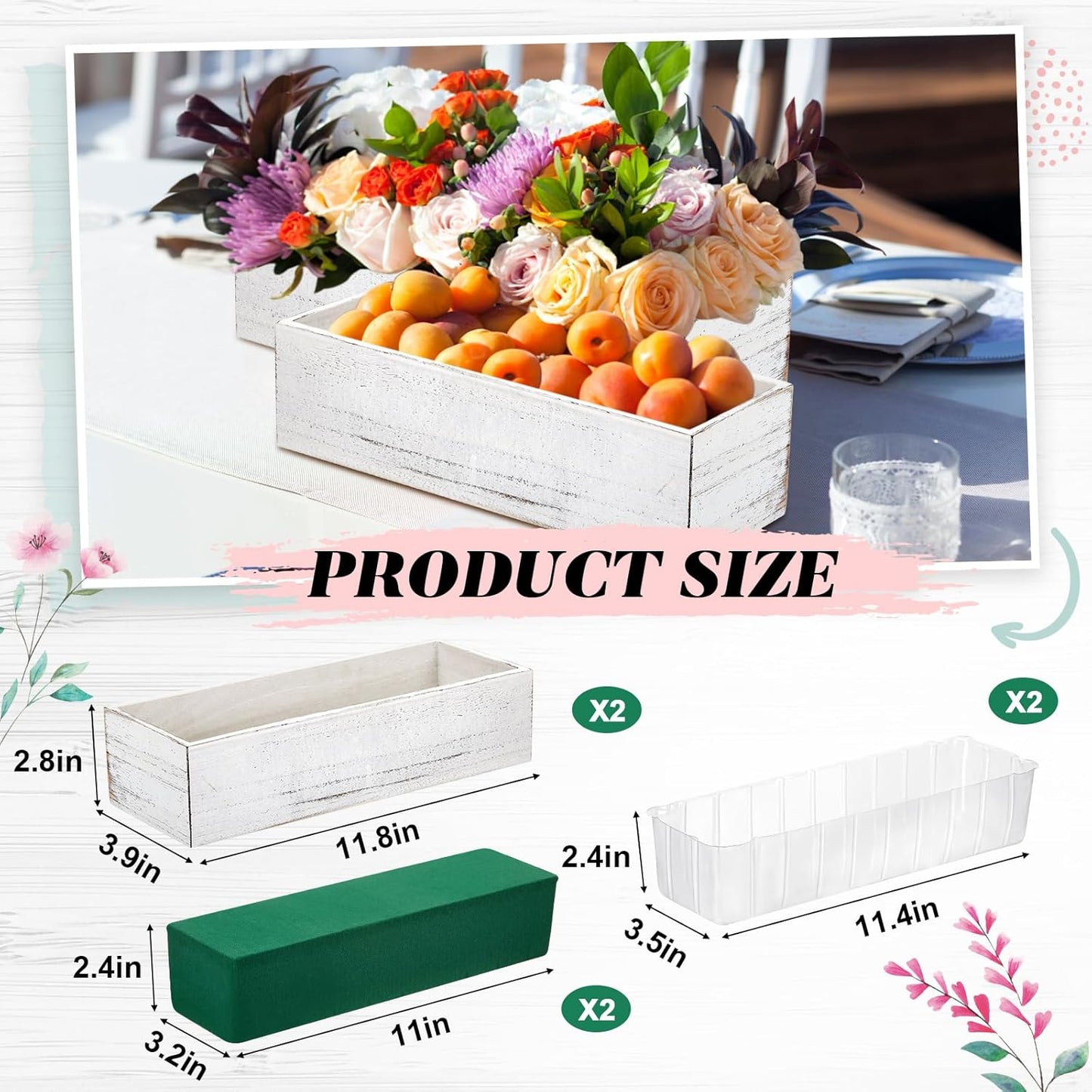 Dandat 2 Set Wood Boxes for Centerpieces 12x4 Inch Rectangle Wooden Planter Box Rustic Wooden Planters with Removable Plastic Liner Floral Foam Blocks for Home Wedding Garden Decor