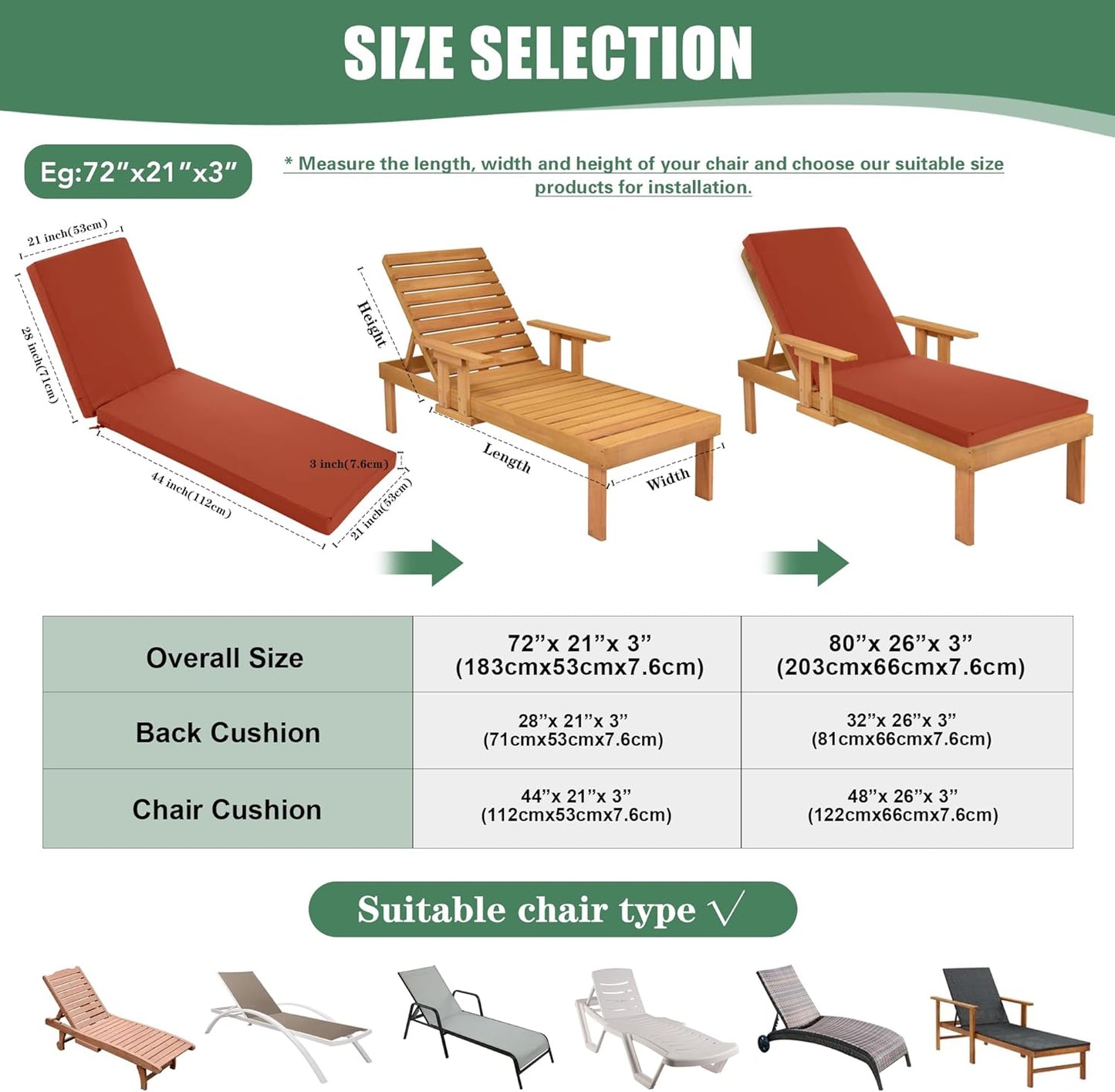 Chaise Lounge Cushions Outdoor Set of 4 - Waterproof and Fade Resistant Sun Lounger Replacement Cushions - Patio Lounger Pads with Removable Cover for Pool, Deck, 72 x 21 x 3 Inch, Rust