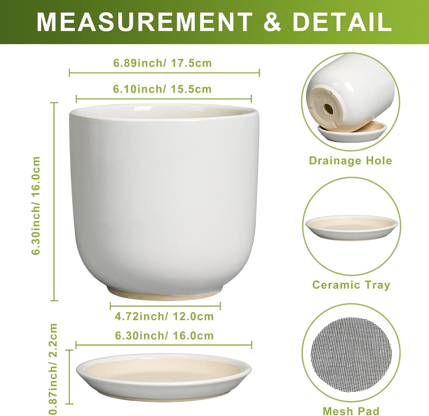 Ceramic Pot for Plants 7 Inch - Modern Round Indoor Outdoor Planter with Drainage Hole and Saucer, Home House Office Room Decor, White