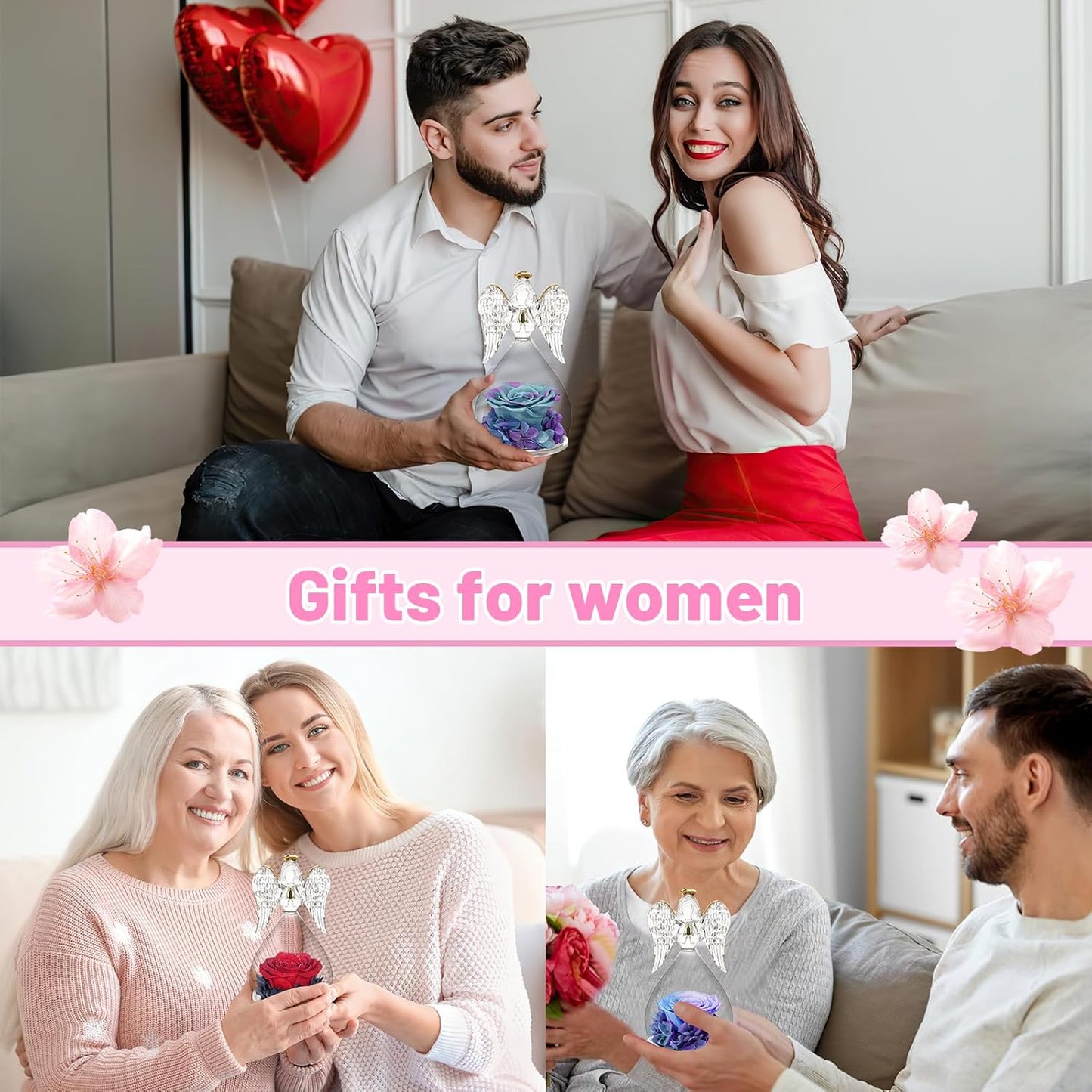 Yamonic Gifts for Mom Birthday,Angel Figurines with Real Rose Gifts for Her Mom Grandma,Preserved Flower Rose for Valentines Day Mothers Day Christmas Anniversary Birthday Gifts for Women(Blue-purple)