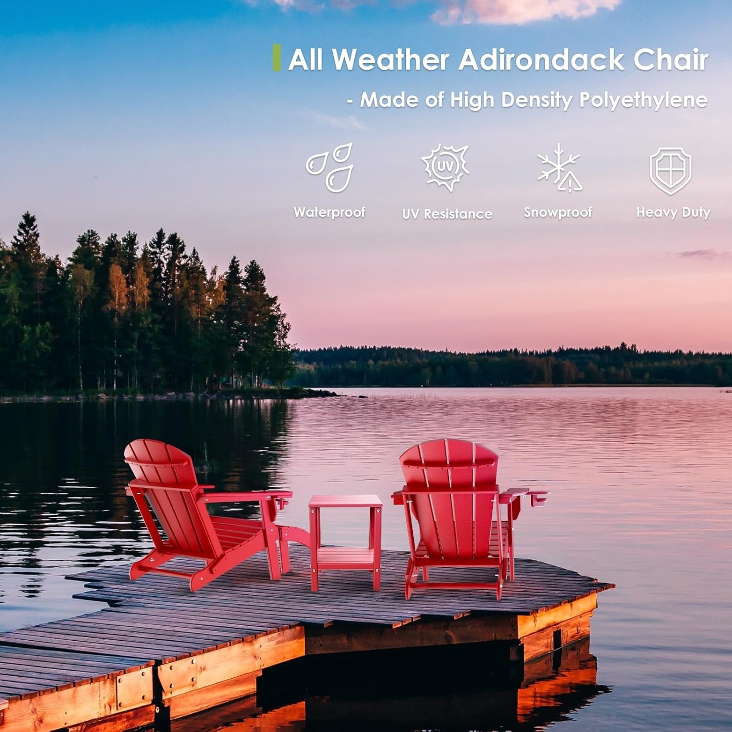 GREENVINES Folding-Adirondack-Chair | HDPE Plastic | Fire Pit Chairs | All Weather | Cup Holder | Red | for Deck Backyard Patio Outdoor Garden