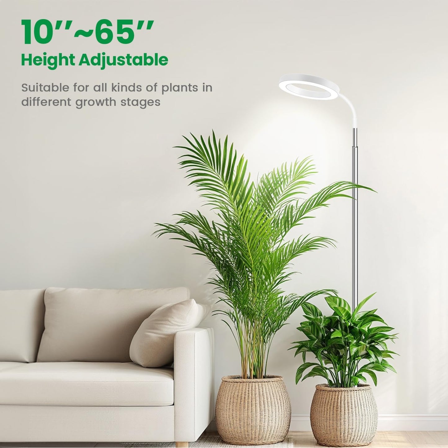 Garpsen Plant Light, 80 LEDs Full Spectrum Grow Lights for Indoor Plants with 360° Gooseneck, 6/12/16H Timer, 3 Colors Modes and 5 Dimmable Levels, 65'' Height Grow Lamp for Large Plants(White)