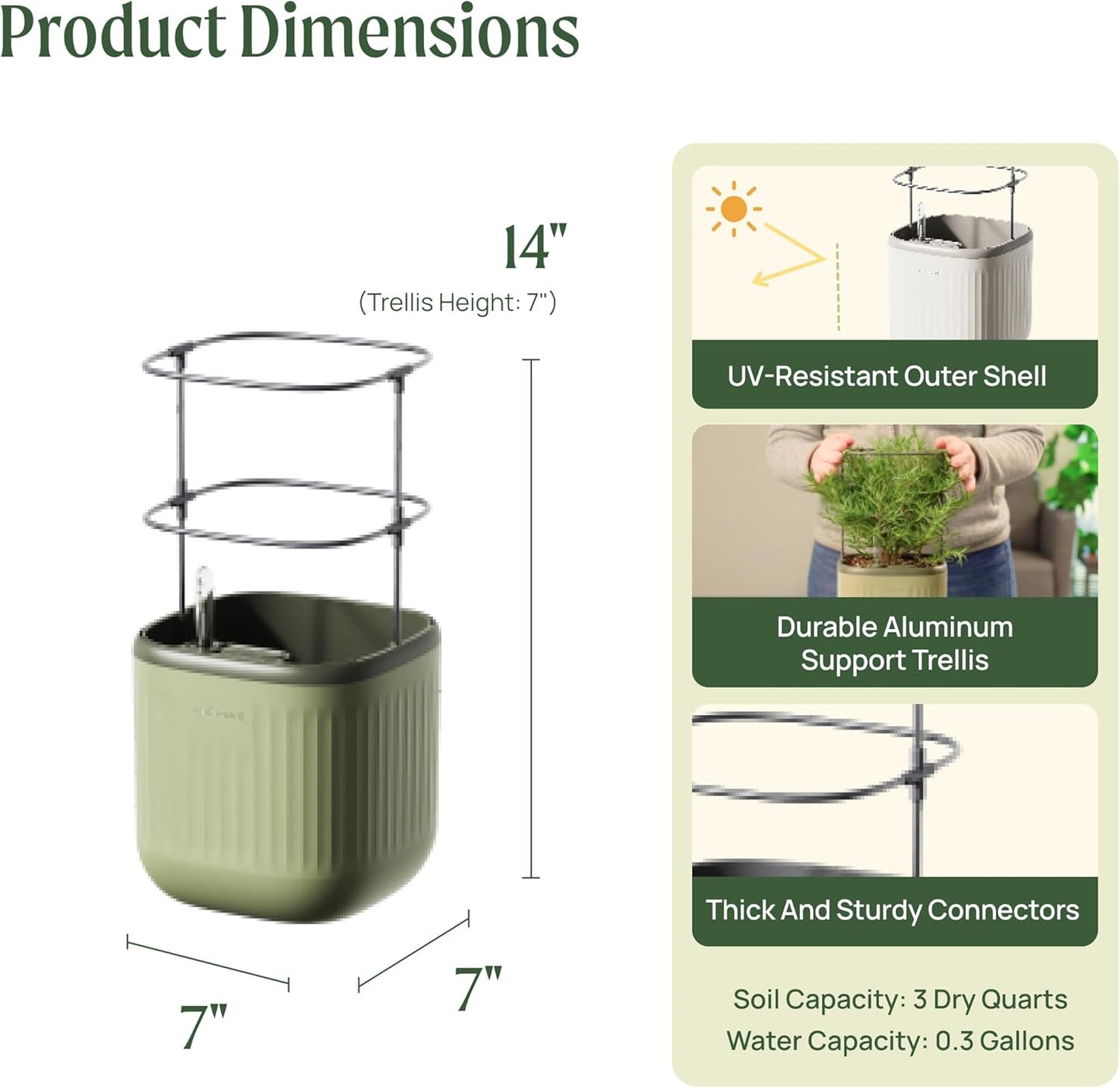 Vego garden Mini Planter Indoor Pots with Trellis Self-Watering Herb Countertop Planter for Climbing Vegetables Flowers Mint Plants Cage- Sage Green