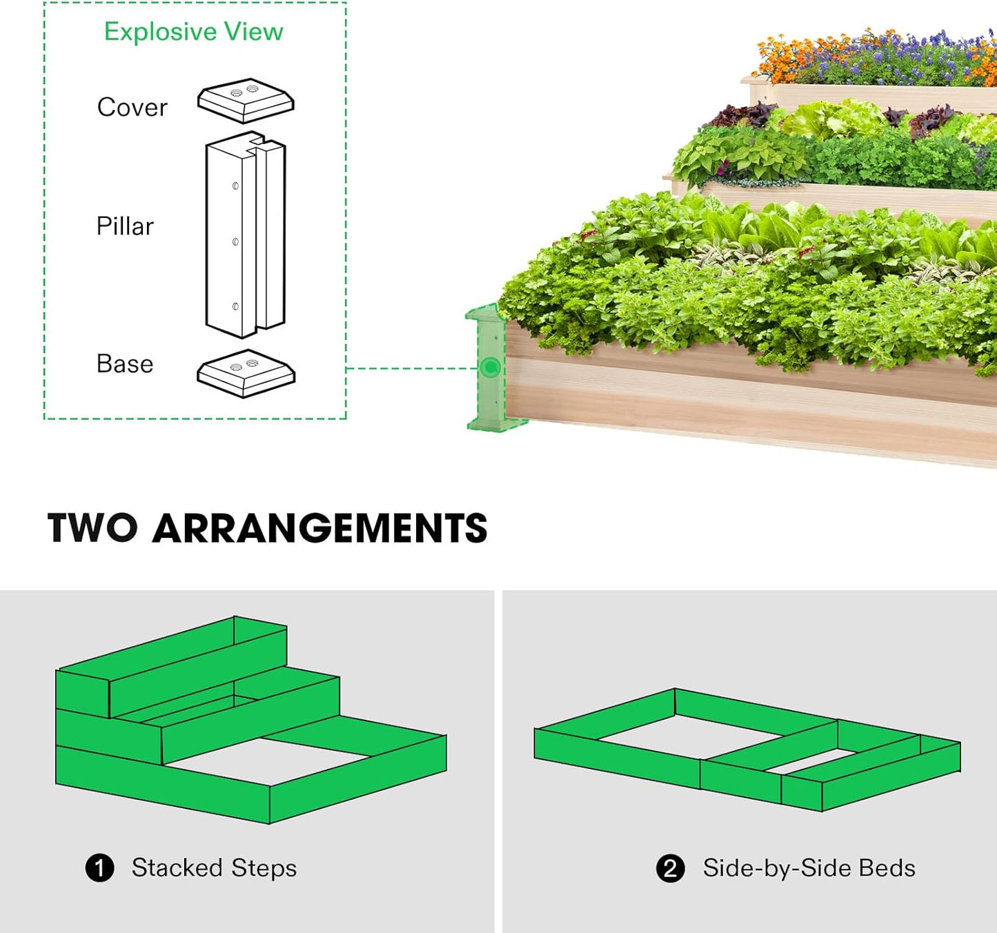 VIVOSUN 3-Tier Wooden Raised Garden Bed, 48 x 48 x 21 Inches, Outdoor Wood Planter Kit for Plants, Herbs, and Vegetables for Garden, Patio, Balcony, Backyard and Outdoors