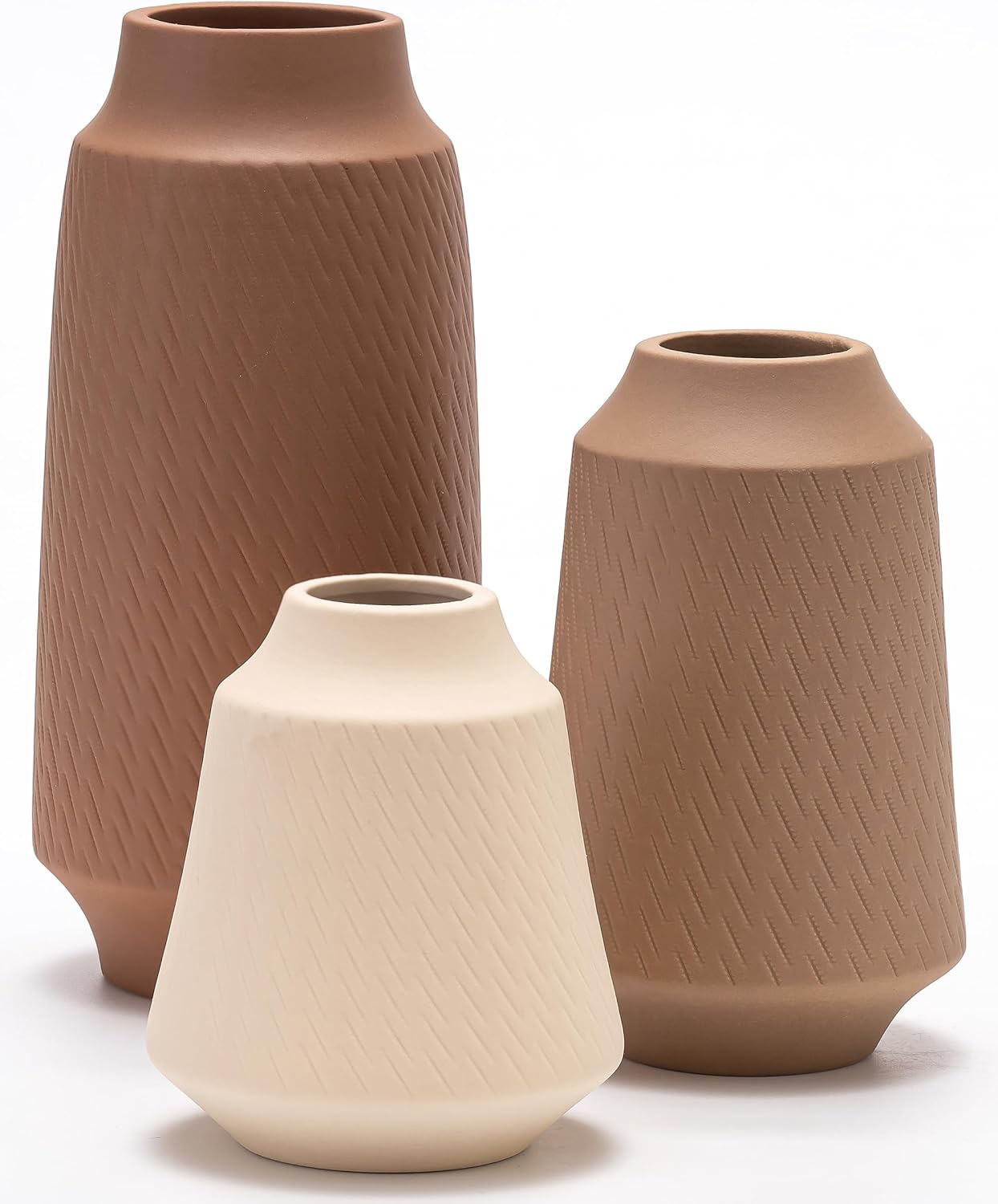 Ceramic Vase Set of 3, Modern Multicolor Pattern Flower Vases for Home Decor, Office, Centerpieces, Boho Farmhouse Style (Khaki/Brown/Beige)