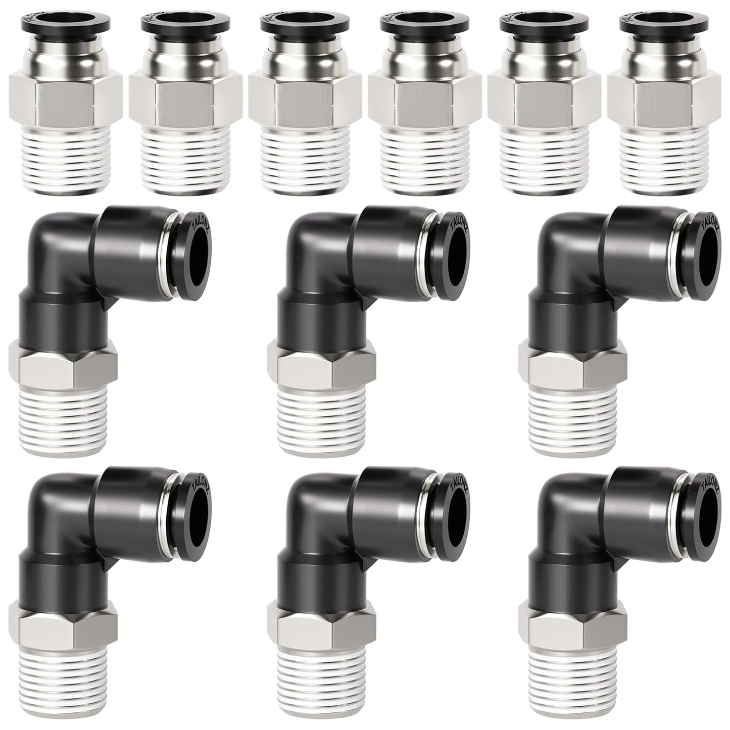 TAILONZ PNEUMATIC Elbow and Straight Combination 6MM Tube OD x 1/4 Inch NPT Thread Push to Connect Fittings PC6-N2+PL6-N2(Pack of 12)