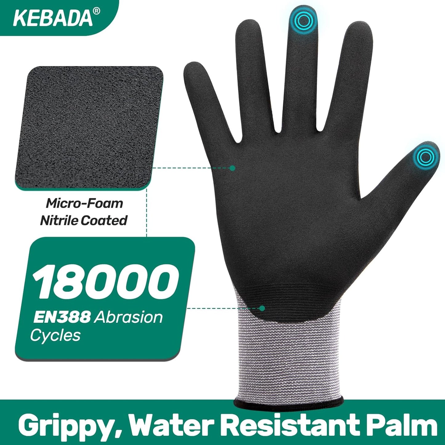 Kebada W2 Work Gloves for Men and Women, Nitrile Coated Working Gloves for Gardening, Construction, Warehouse, Safety Gloves for Work in Yard and Outdoors, 6 Pairs, Small
