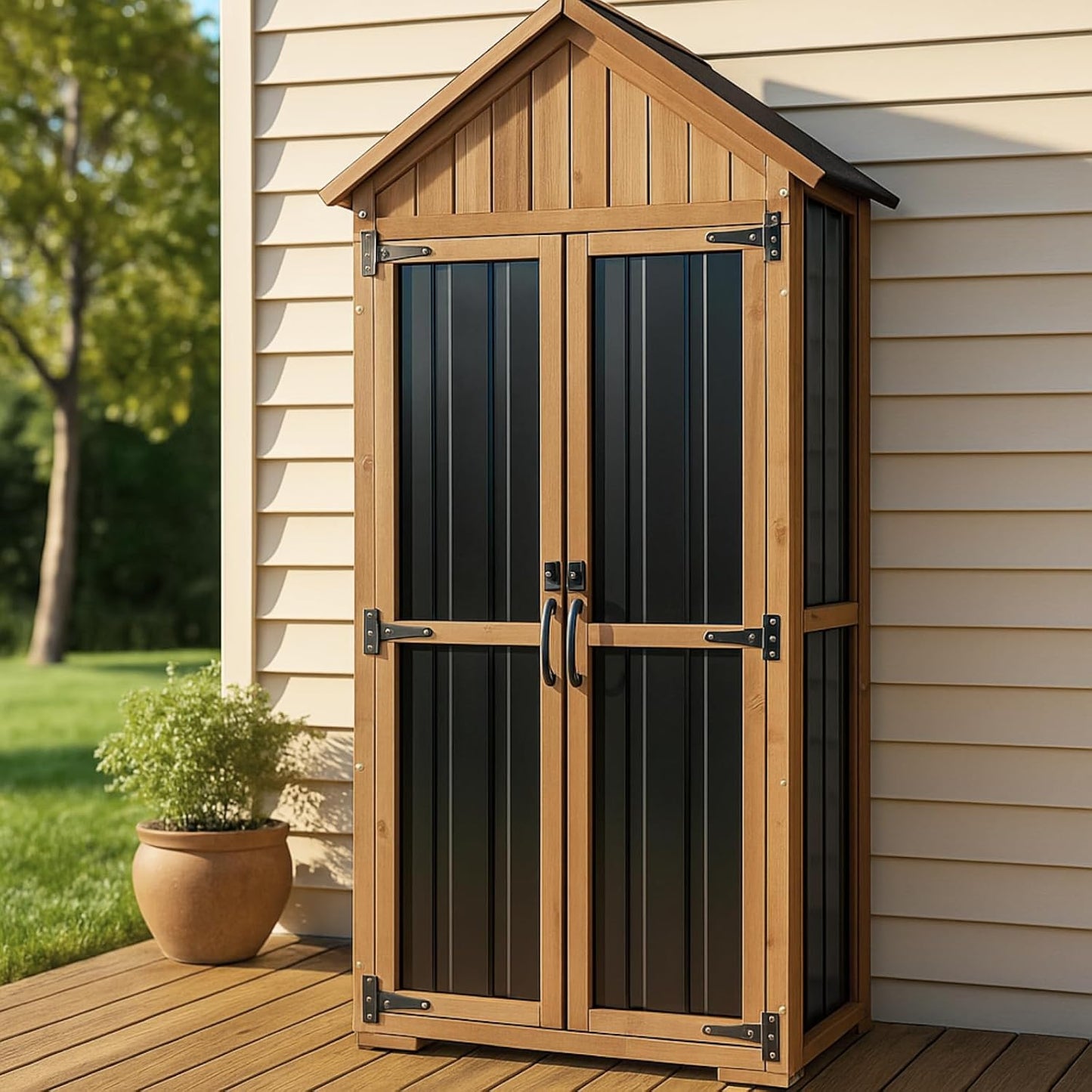 Outdoor Storage Cabinet, Wood & Metal Storage Shed with Weather-Resistant Roof, Adjustable Shelf, Lockable Doors & Adjustable Feet, for Garden, Patio, Backyard, 27.5" x 13" x 67" (Brown+Black)