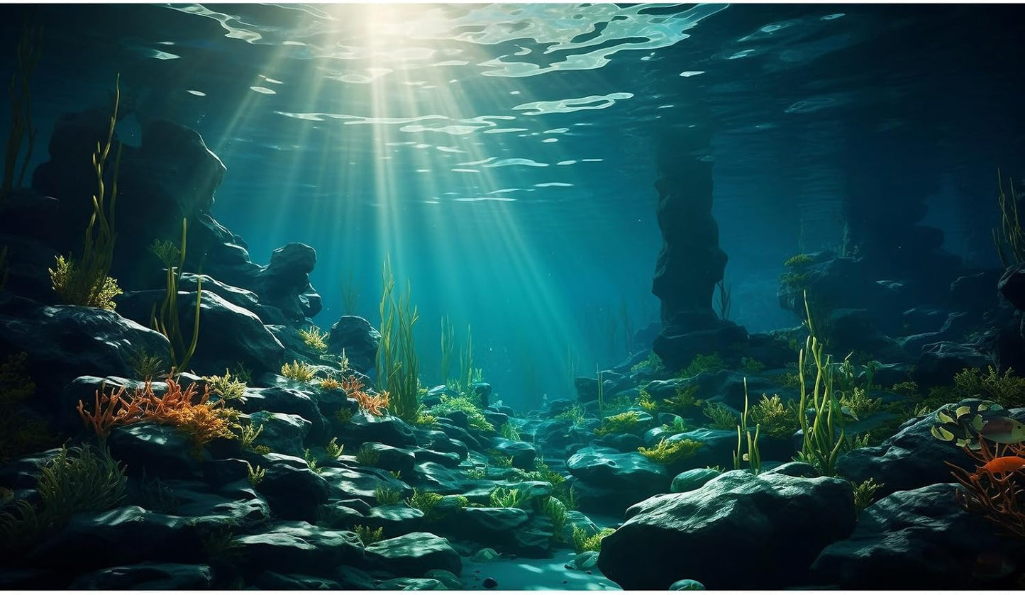 Aquarium Background Ocean Floor Fish Tank Background Underwater Coral Reef Stone Aquarium Backdrop Seaweed Background Sunlight Tank Backdrop Perfect Aquarium Backdrop Durable Vinyl 36x18in