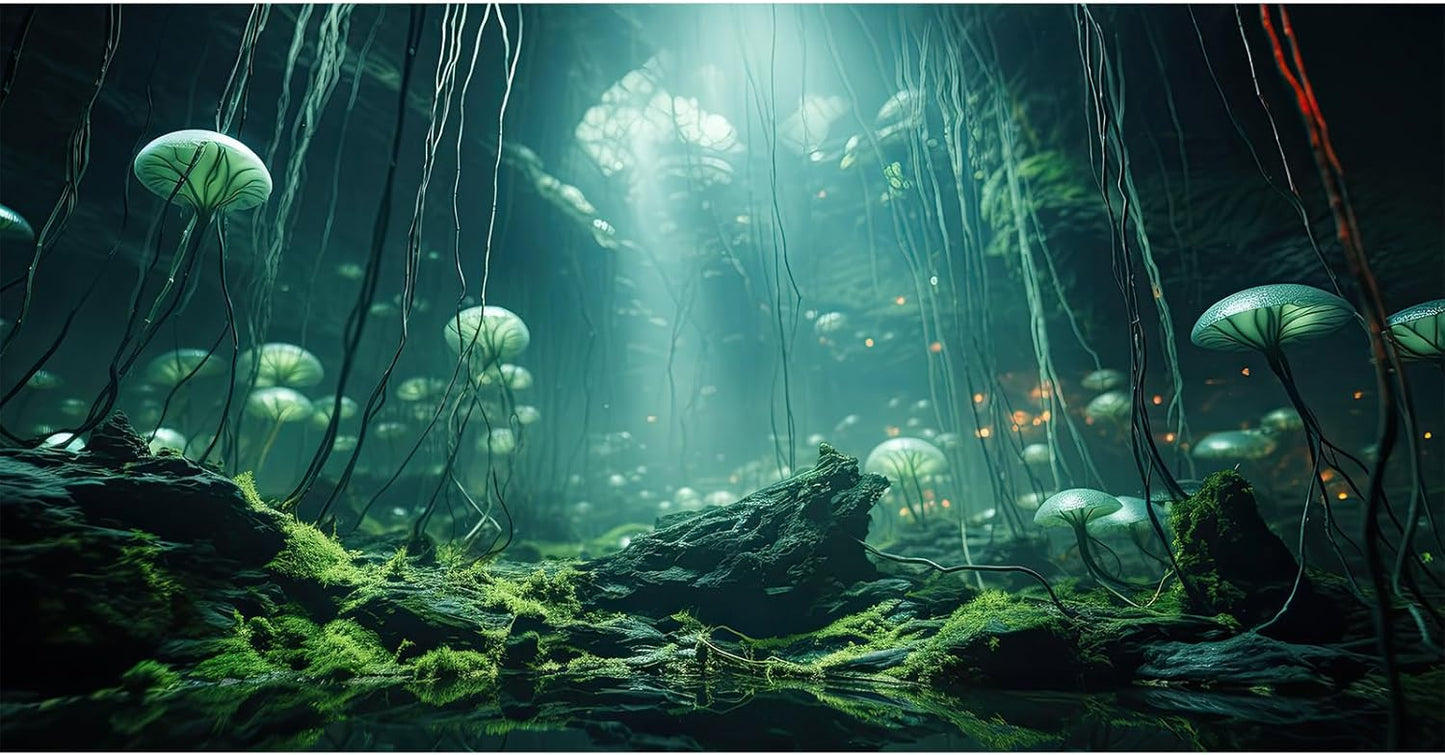 Aquarium Background Foggy Stone Mushroom Green Moss Fish Tank Background Mysterious Green Seaweed Scenery Aquarium Backgrounds White Mushroom Reptile Tank Enclosure Backgrounds Wallpaper 30x12in