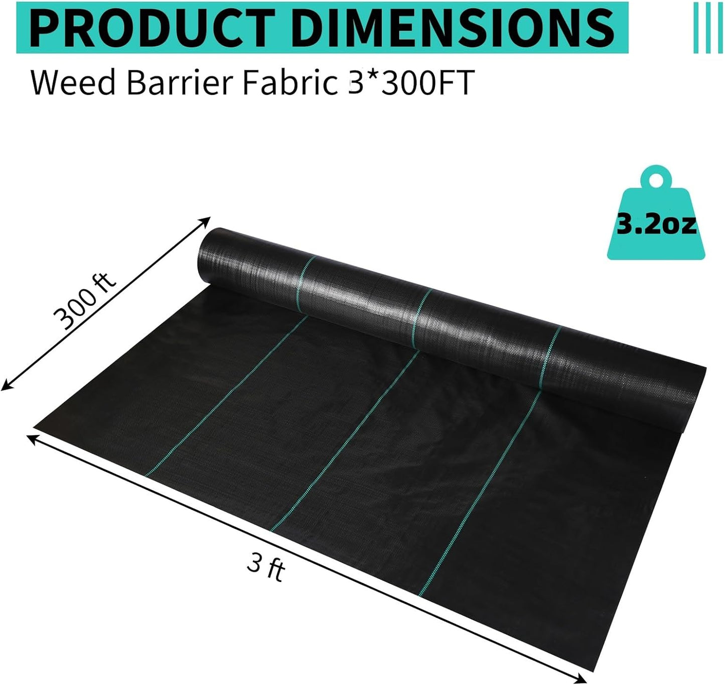 3ftx300ft Heavy Duty Weed Barrier Landscape Fabric – Durable Woven Driveway Garden Cloth for Weed Control, Ground Cover, Landscaping – Long-Lasting Geotextile Fabric – 3.2oz