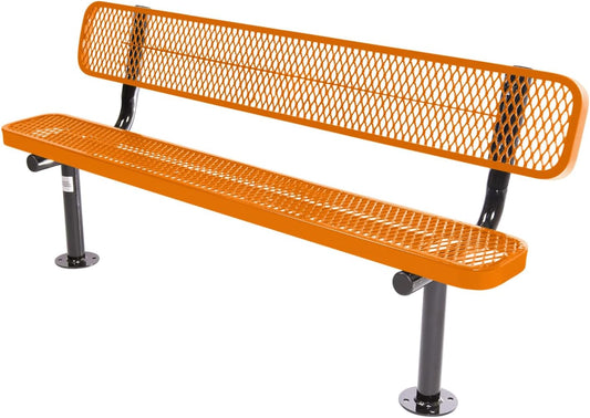 Coated Outdoor Furniture Heavy-Duty Outdoor Bench Thermoplastic Coated, Expanded Metal, Commercial-Grade Seating, Made in America (Surface with Back, 6 Ft, Orange)