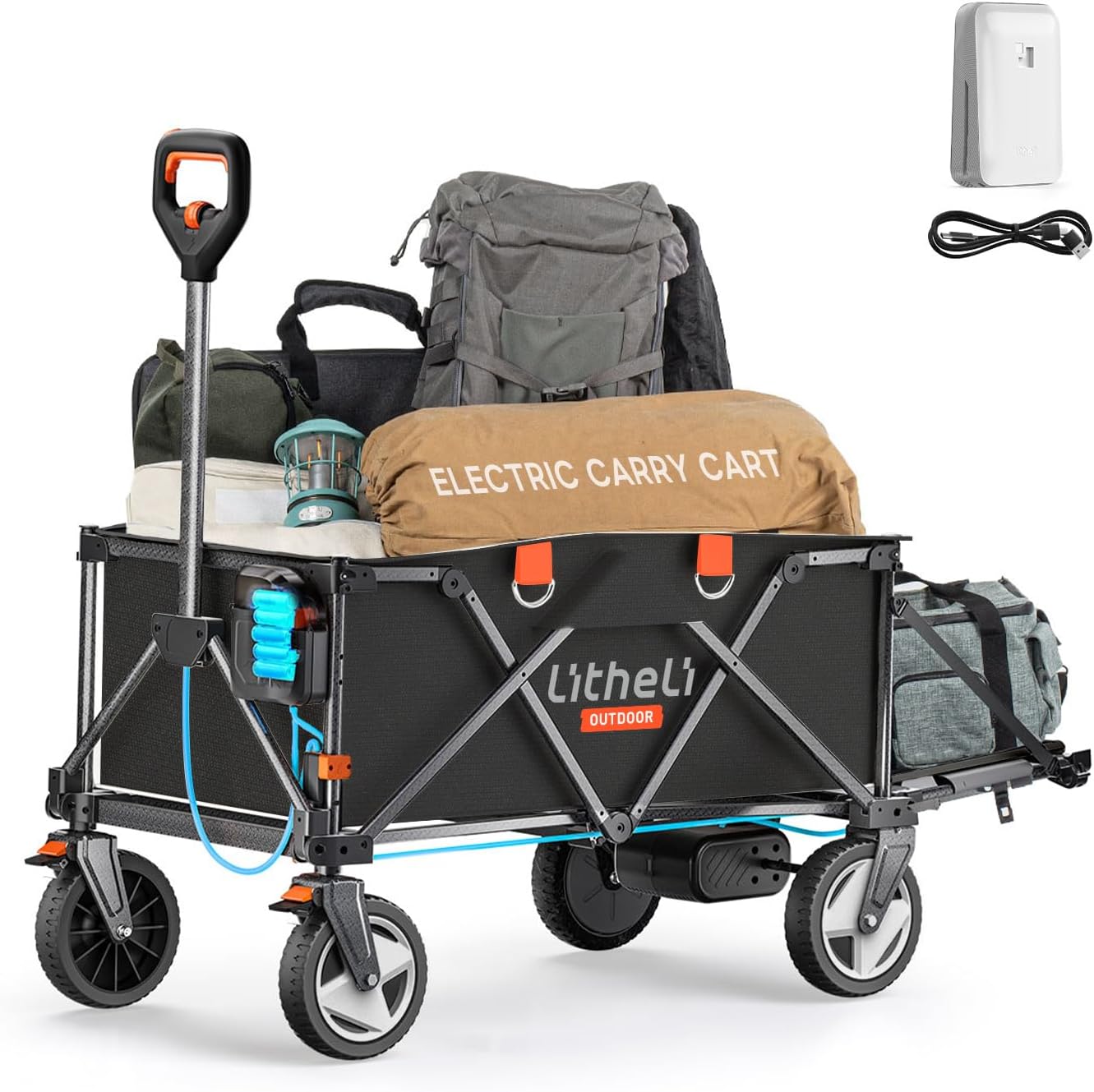 Litheli Electric Utility Wagon Cart, 200L Capacity, 300 lbs Load, Foldable Heavy-Duty Design with All-Terrain Wheels, Variable Speed Drive & Battery Power for Camping, Beach, Garden & Shopping