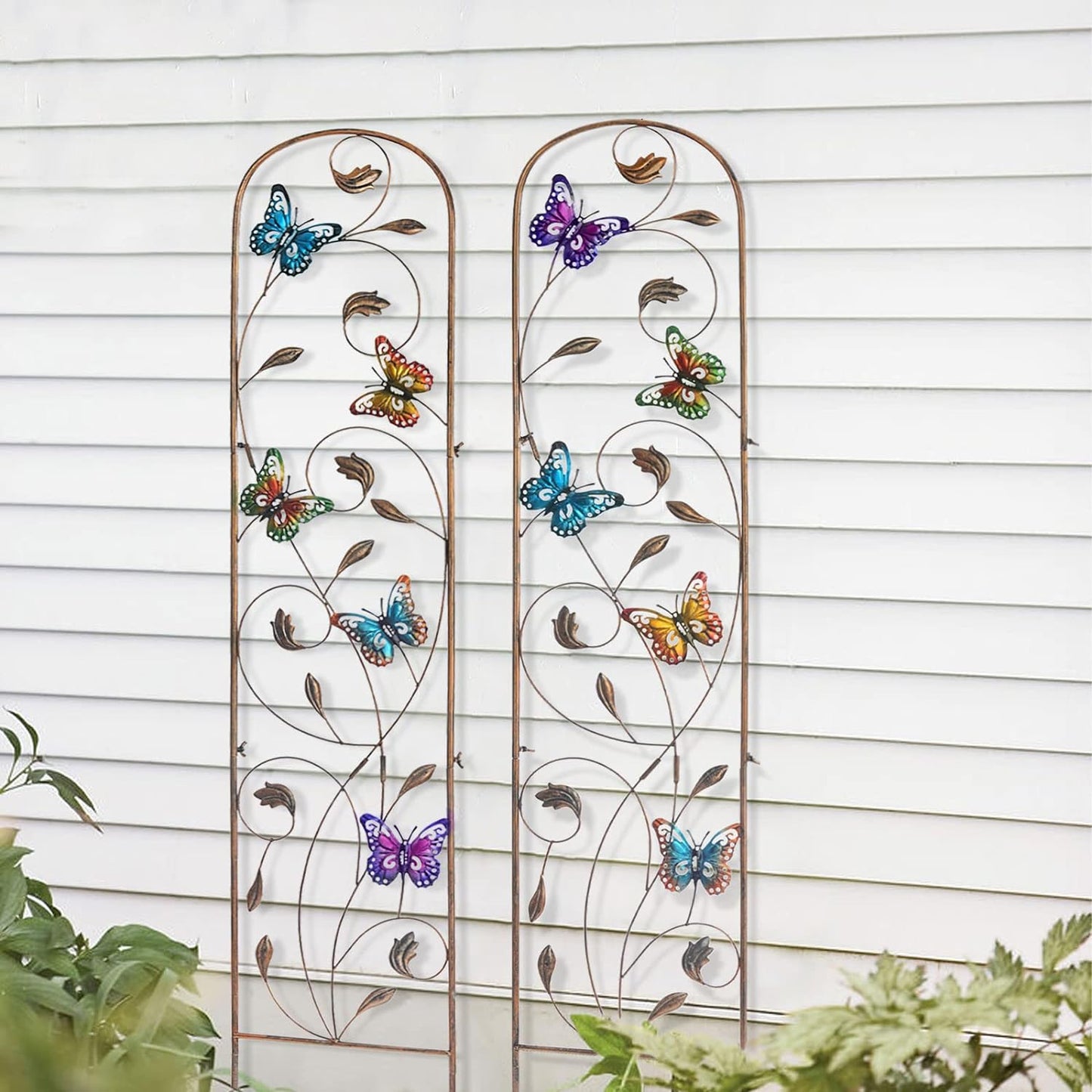LEWIS&WAYNE 2 Pack Metal Garden Trellis with Colorful Butterfly 60 Inch High Outdoor Decoration Arched Fence Trellis for Climbing Plants for Patio, Lawn, Yard, Backyard, Wall Brackets