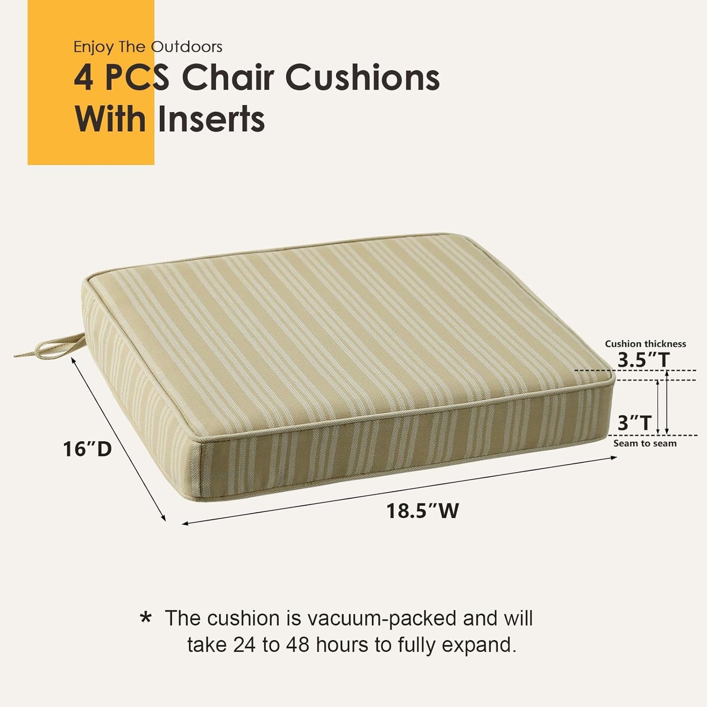 Outdoor Square Corner Seat Cushion, 18.5"x16"x3", Set of 4, Non Slip Seat Cushion Pads with Removable Cover for Patio Furniture, Garden Yard Lawn, Beige Brown Stripe