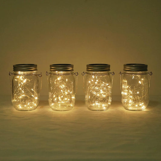 Decorman Solar Mason Jar Lights, 4 Pack 30 LED Fairy Star Firefly String Lids Lights with 4 Hangers for Patio Yard Garden Party Wedding Christmas Decoration(Jars Not Included) (4 Pack, Warm White)