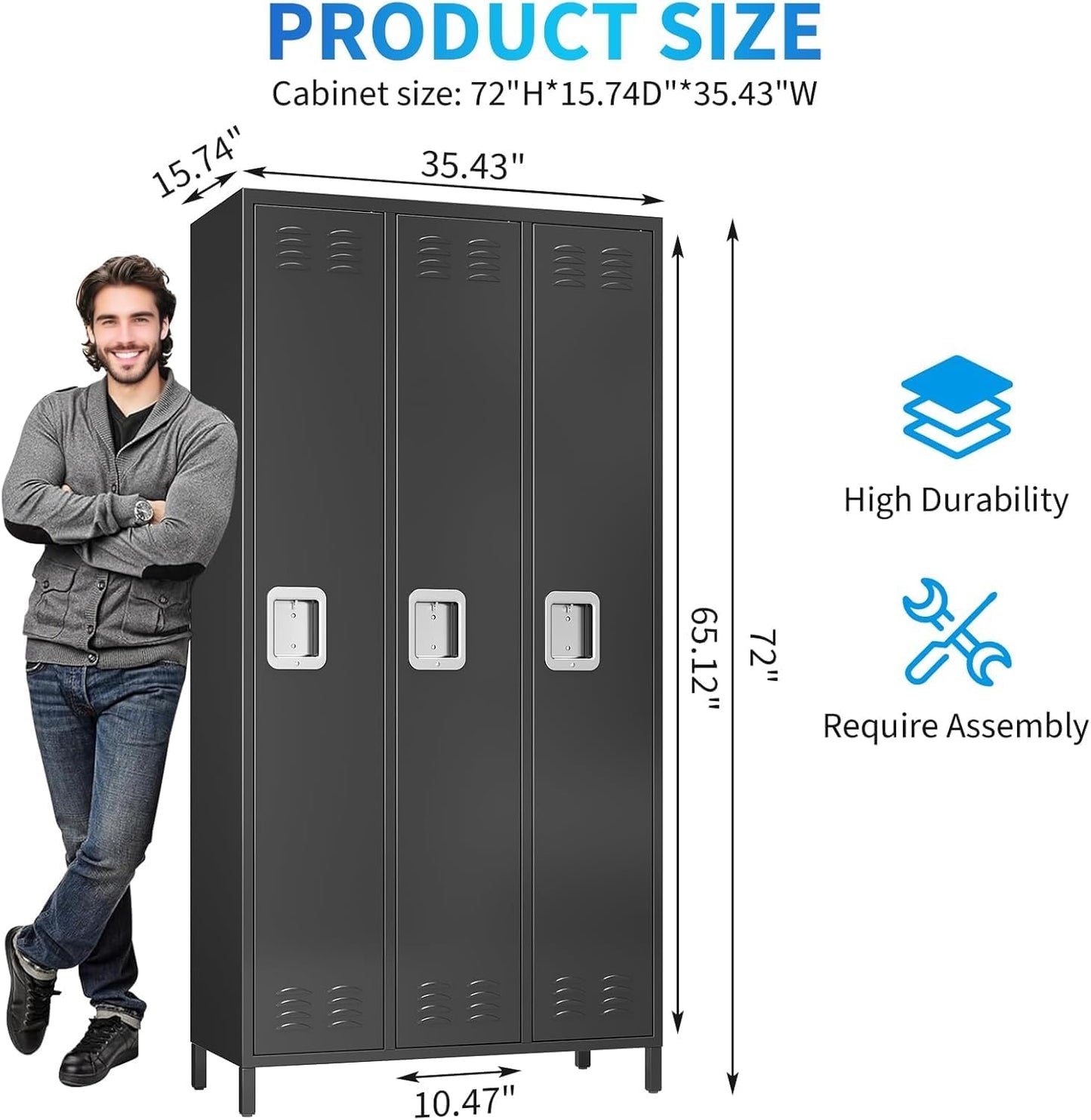 3 Doors Metal Lockers for Employees with 6 Hooks, Black Steel Storage Locker Cabinet, 72" Tall Lockers for Offices School Gyms Home Bedroom