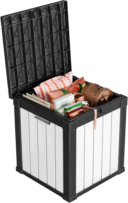 50 Gallon Outdoor Deck Box,Storage Lockable Waterproof Patio Furniture,Garden Tools,Cushions,Pool Accessories Outside Storage Resin Box(Black&White)
