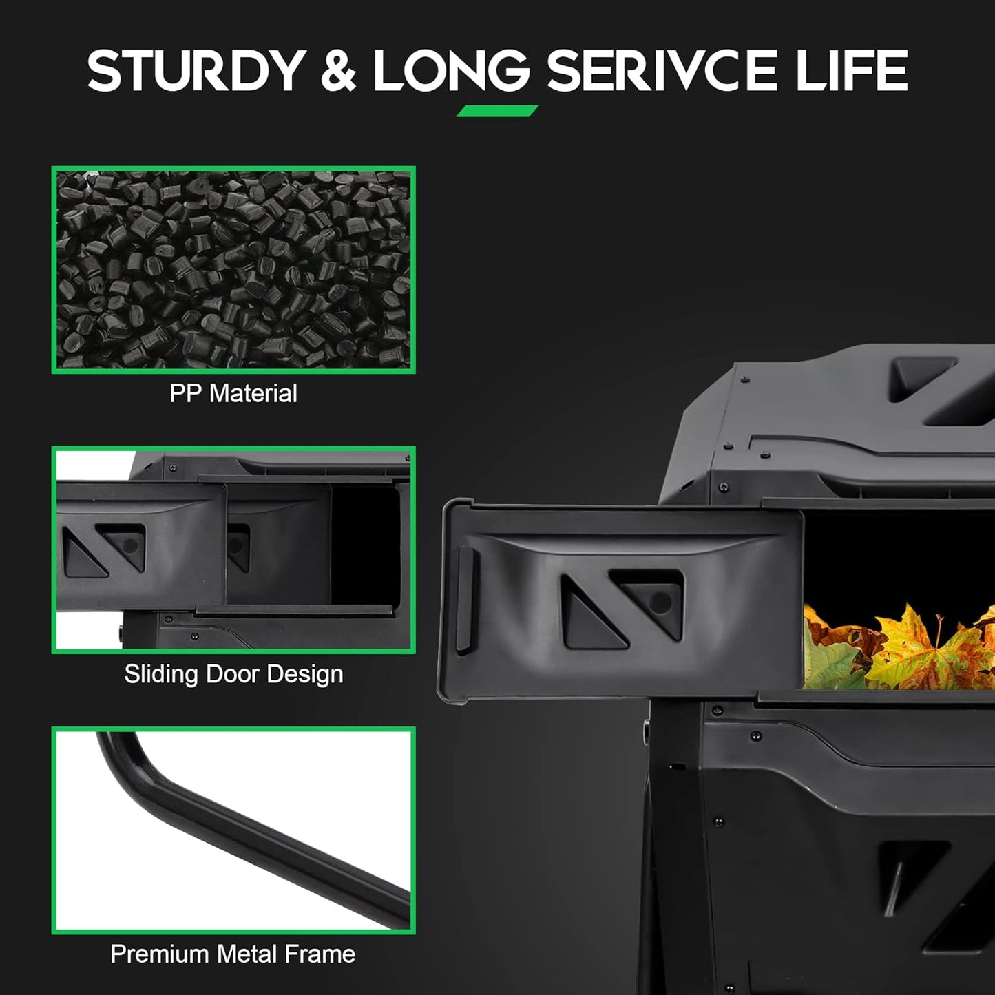 F2C Compost Bin Outdoor 43 Gallon Garden Dual Chamber Composter Bin - Bundled with Pearson's Gardening Gloves，BPA Free, Heavy-Duty Steel Frame, Rotating Tumbler with Sliding Doors | (Black)
