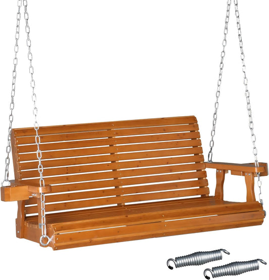 VINGLI XL Size Patio Wooden Porch Swing Outdoor with Cup Holders, Heavy Duty 880 LBS Hanging Swing Chair Bench with Hanging Chains for Yard, Lawn, Garden (4 FT Pro, Brown)