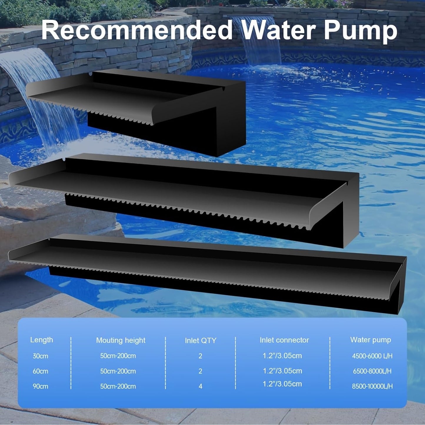 Pool Fountain Stainless Steel Pond Waterfall Spillway Kits for Indoor/Outdoor Decorative, 12 Inches Black Pool Water Feature for Garden Patio, Backyard Koi Pond Decor(No LED Light)