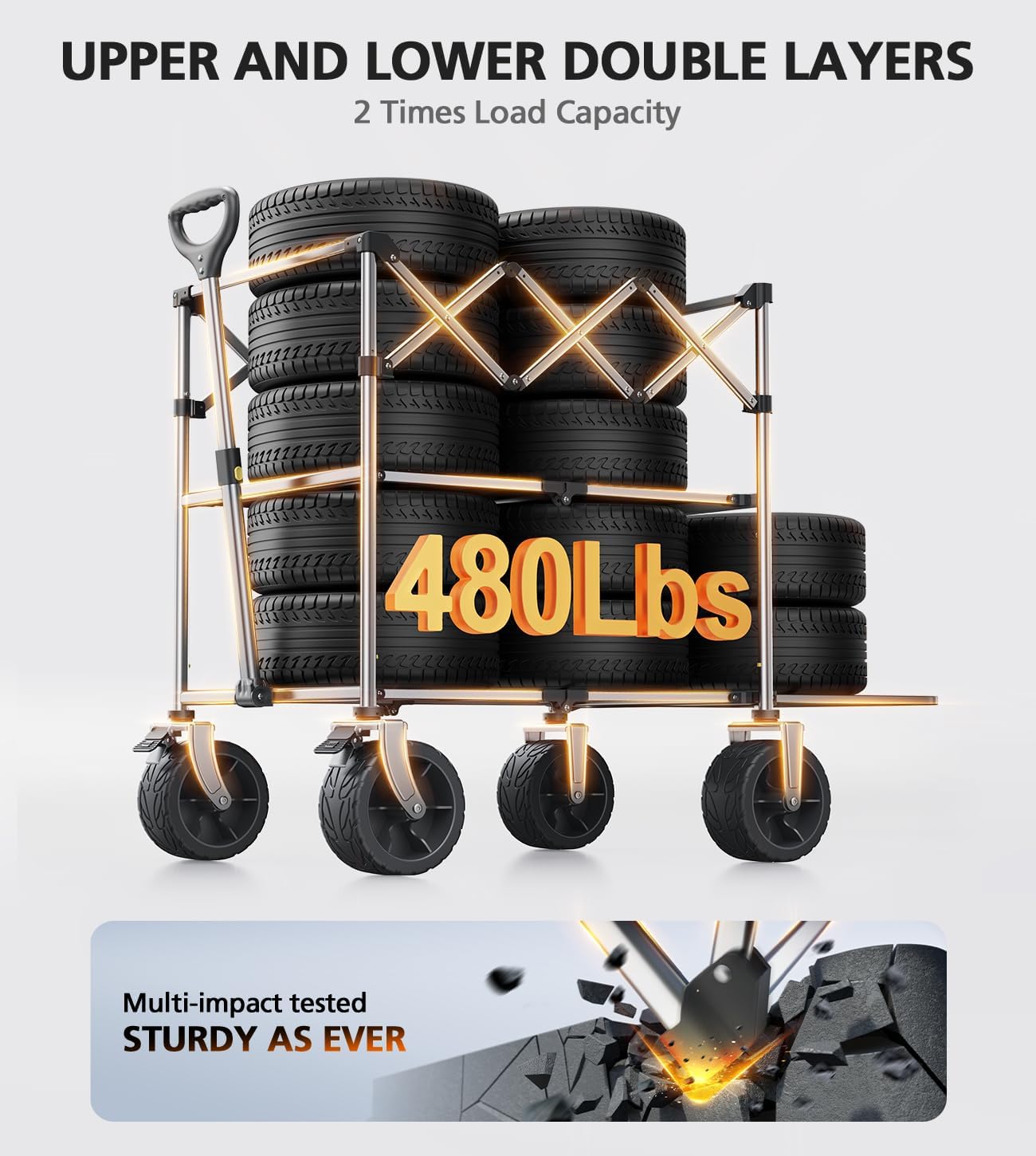 Double Decker Wagon, 480Lbs Capacity, Big Wheels & Side Pocket, Folding Wagon for Shopping, Garden, Camping, Fish - Grey